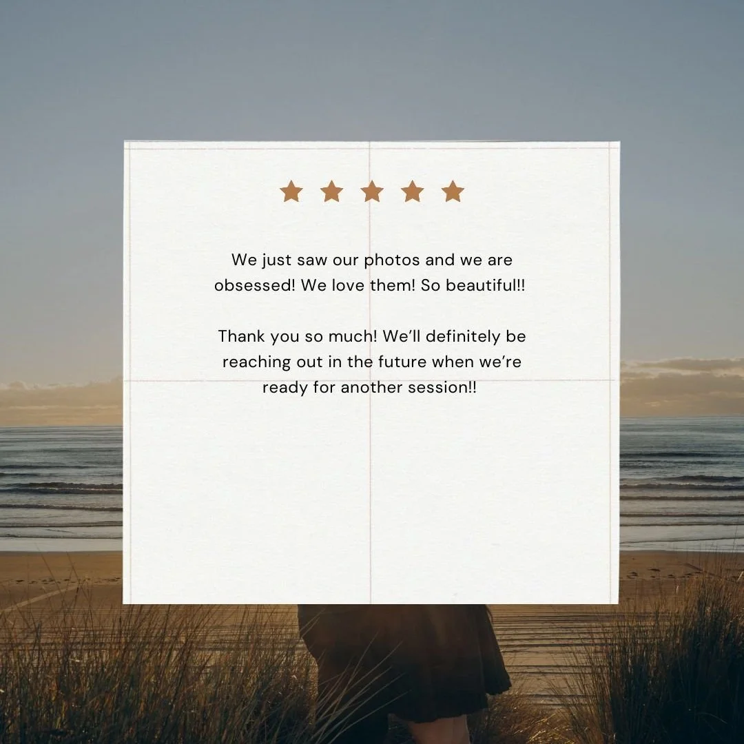 A thank you note with five stars at the top, expressing love for photos and eagerness for future sessions, superimposed on a beach scene with the ocean, sand, and grasses at sunset.