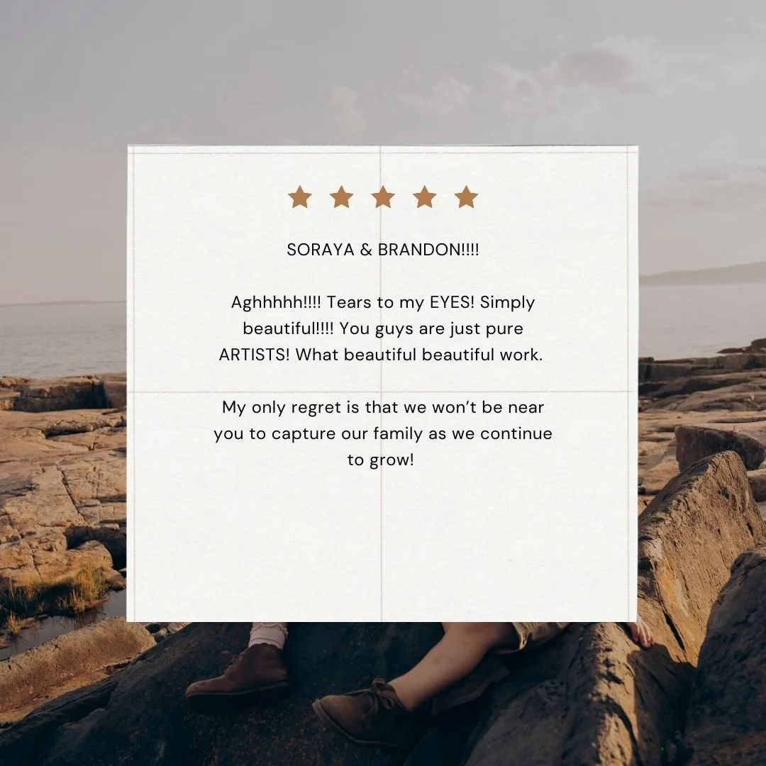 A heartfelt thank-you note over a rocky coastal background with a cloudy sky. The note is decorated with five brown stars at the top and expresses admiration and love for Soraya and Brandon, mentioning their artistic talent and wishing to capture the