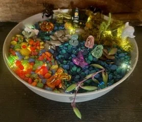 Whimsical Halloween Happy Ghosty Garden!
(With the fairy lights on!)
2 Hour workshop
$40 includes all tax and materials
For the younger kids, this Halloween Fairy Garden offers a choice of Happy Figurines. ALL AGES and Skill Leve