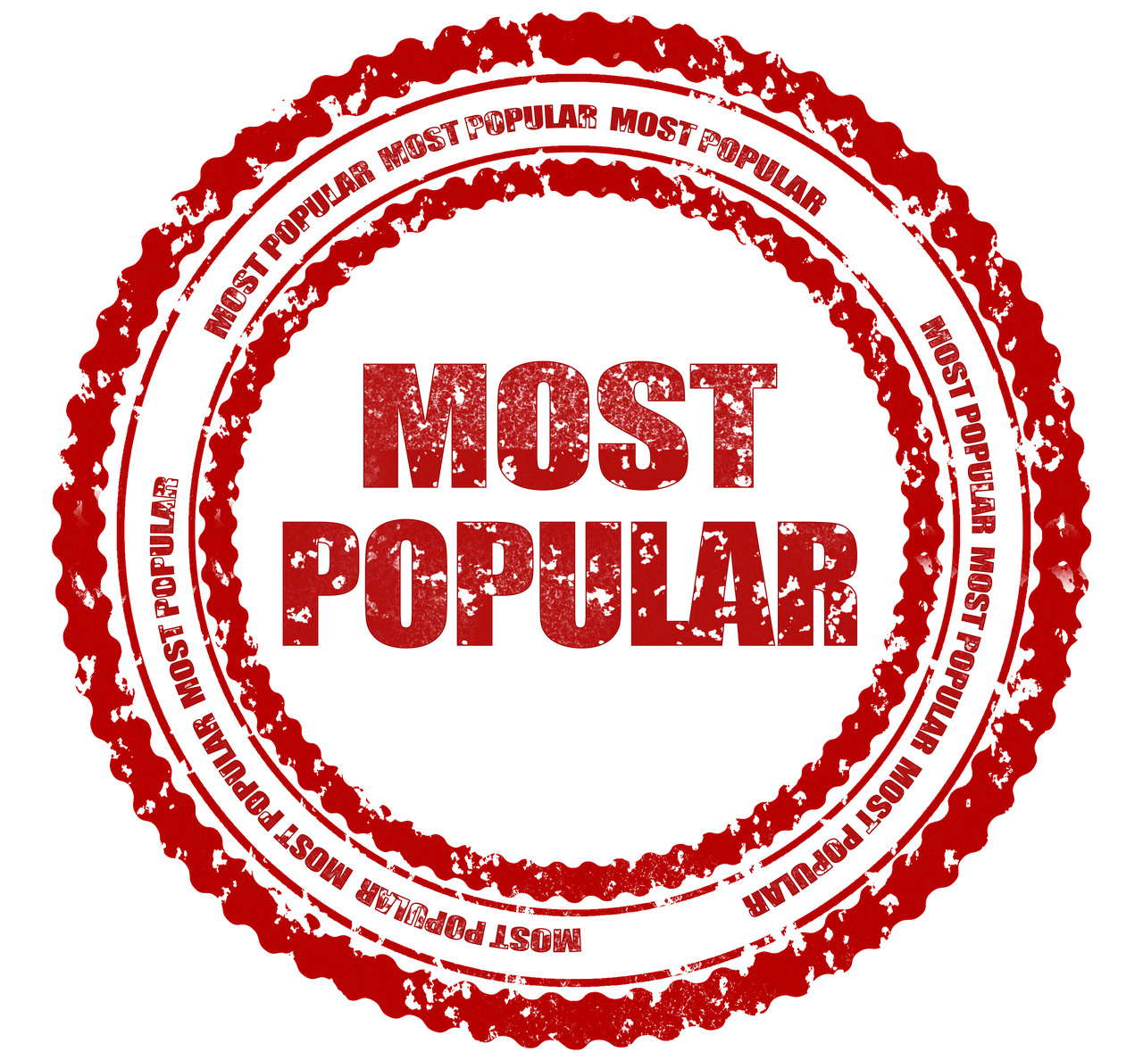 A red circular badge with a distressed texture that reads 'Most Popular' in bold letters at the center and 'Most Popular' repeated in smaller text around the circle's border.