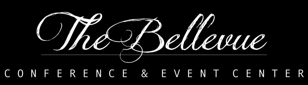 Logo for The Bellevue Conference & Event Center with elegant white script font on a black background.