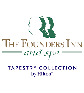 The logo of Founders Inn and Spa, part of Hilton's Tapestry Collection, featuring three stylized profile faces in green with the hotel name and collection label.