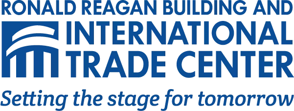 The sign for the Ronald Reagan Building and International Trade Center with the tagline 'Setting the stage for tomorrow'.