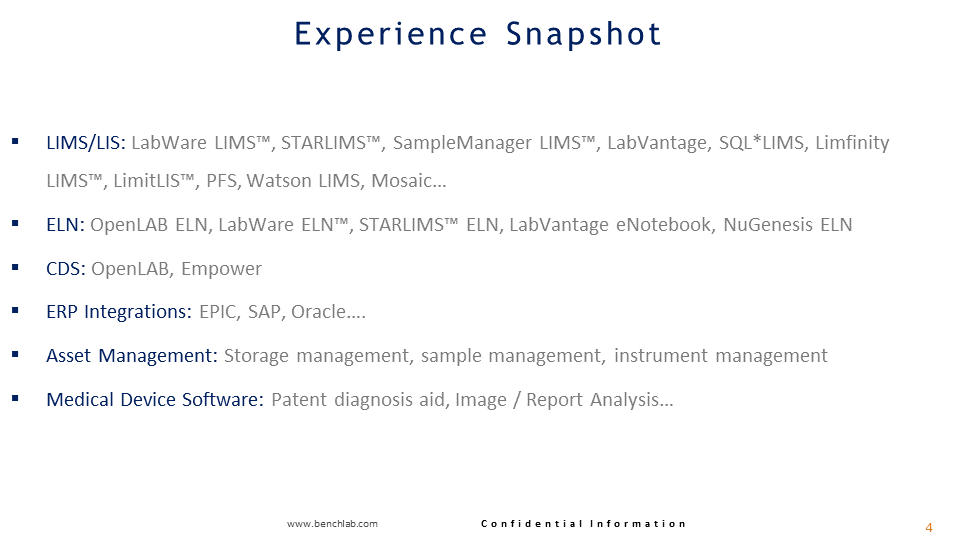 A presentation slide titled "Experience Snapshot" listing different types of software and systems such as LIMS/LIS, ELN, CDS, ERP Integrations, Asset Management, and Medical Device Software.