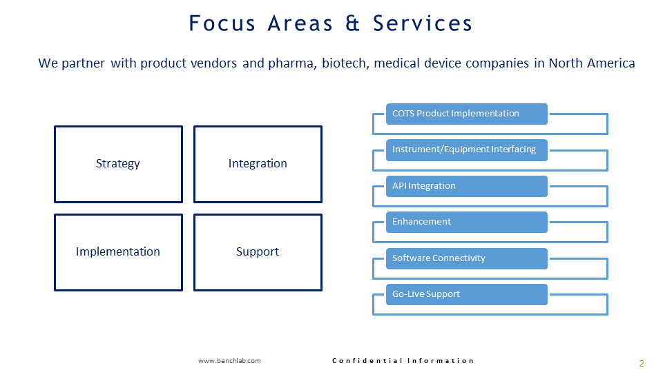 A presentation slide titled "Focus Areas & Services" showing partnership with product vendors and companies in North America, with focus areas on strategy, integration, implementation, and support. The right side lists specific services including COTS product implementation, instrument/equipment interfacing, API integration, enhancement, software connectivity, and go-live support.