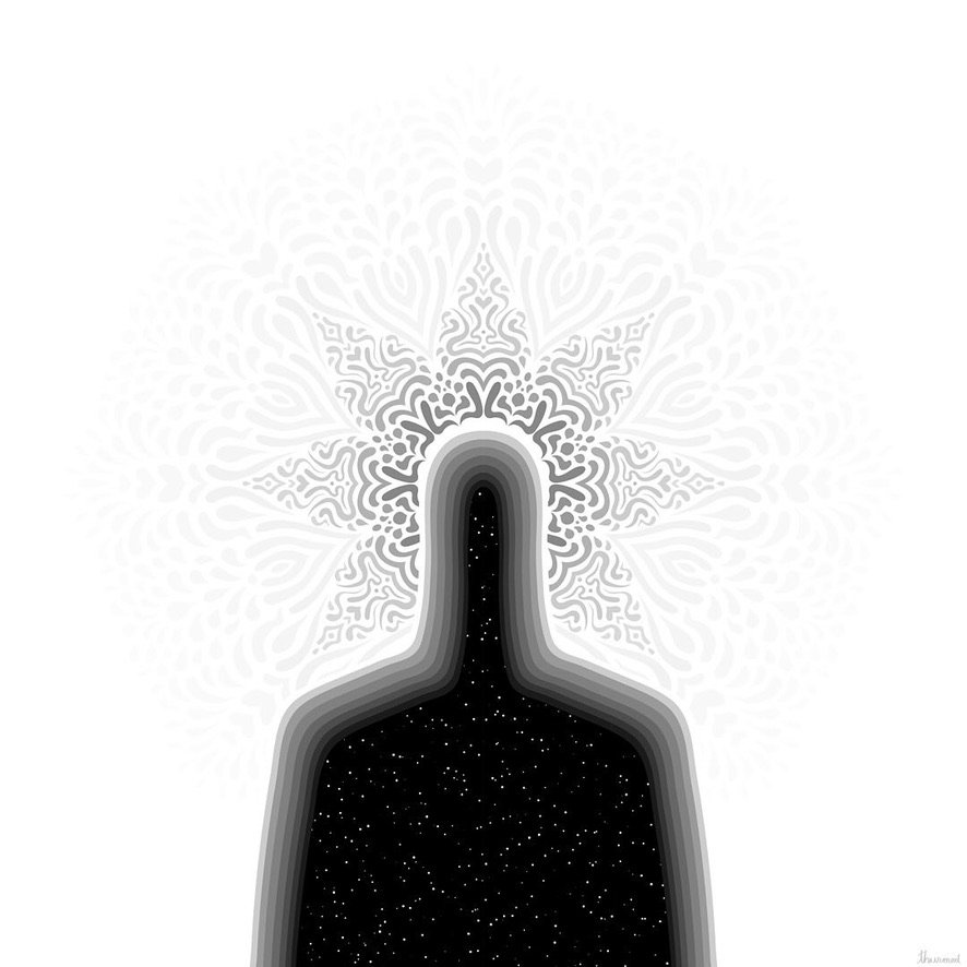 A silhouette of a person's head and shoulders filled with a starry night sky, with a radiant, intricate starburst pattern emanating from the top of the head, fading into a light background.