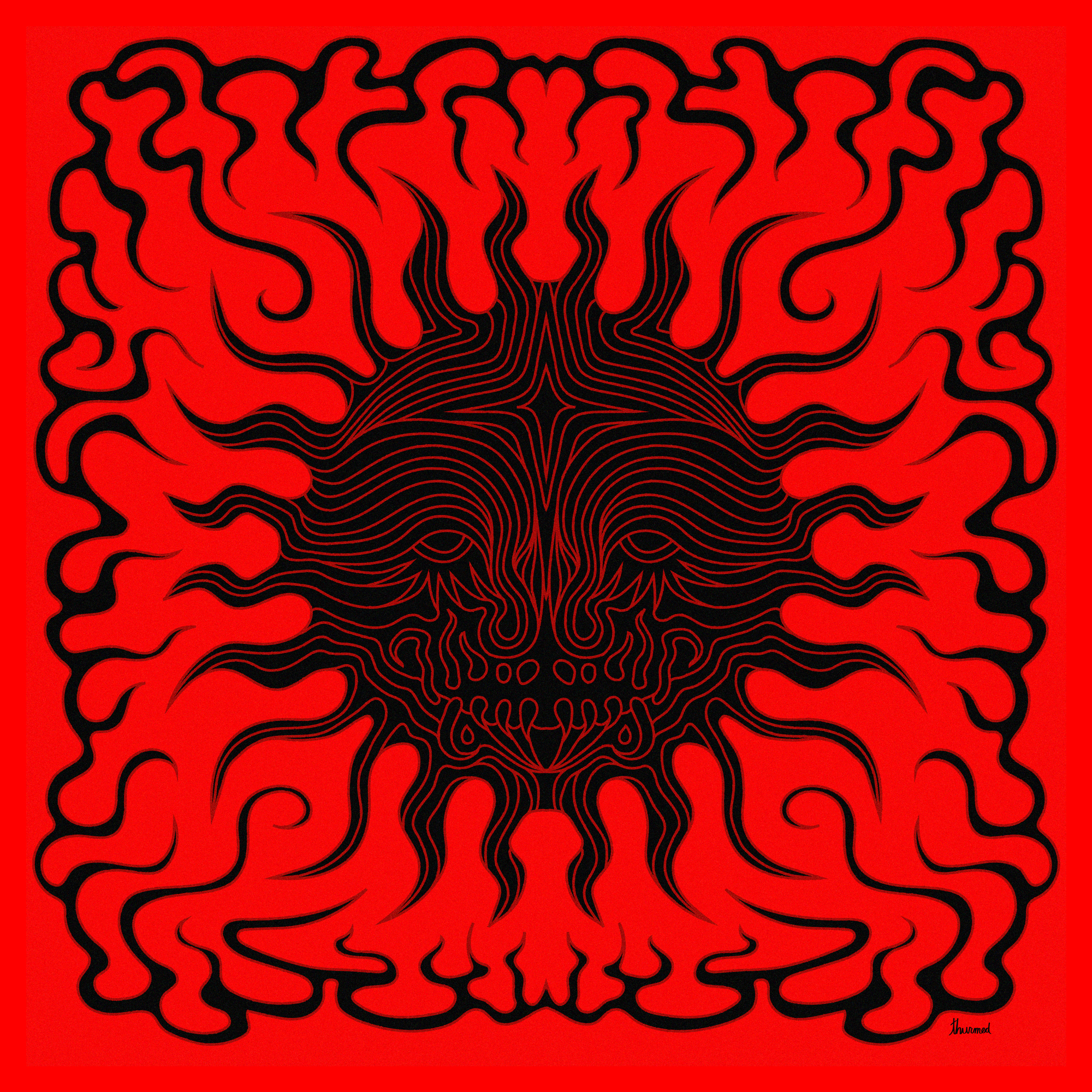 A black line drawing of a stylized dragon's face on a red background, with swirling flames or tendrils around it.
