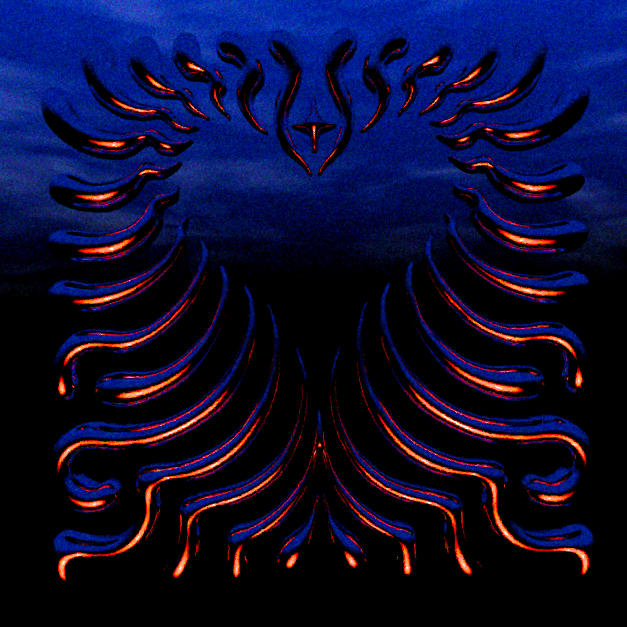 A digital illustration of a stylized black eagle with glowing orange highlights, symmetrical wings spread, against a dark blue background.