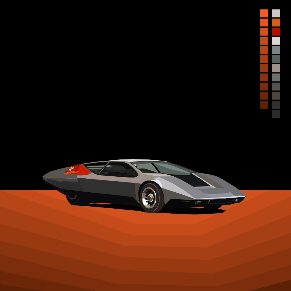 A vintage race car in shades of gray on a reddish-brown surface with a black background and a color palette bar on the right.