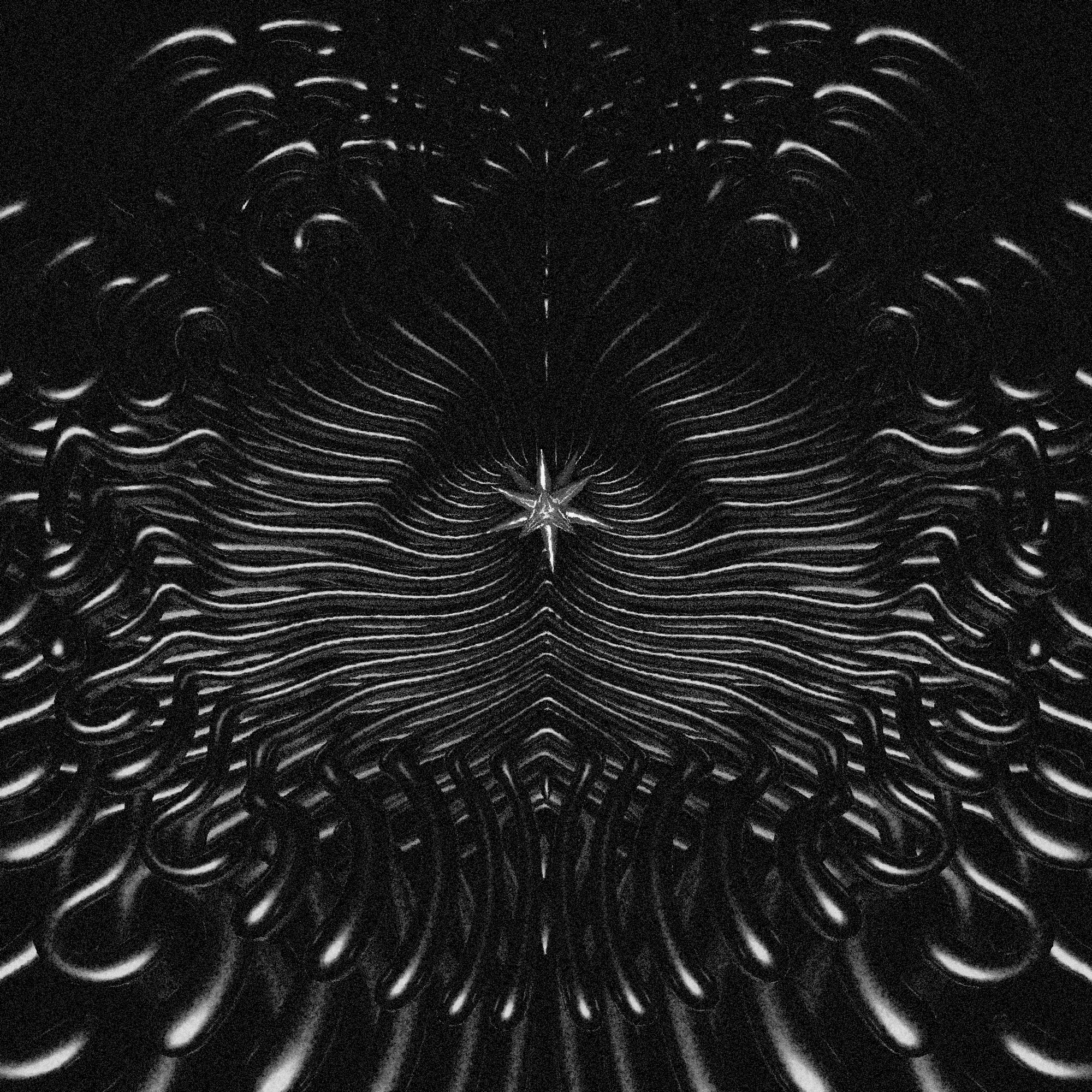 Abstract black and silver pattern with swirling lines forming a symmetrical, star-like shape in the center.