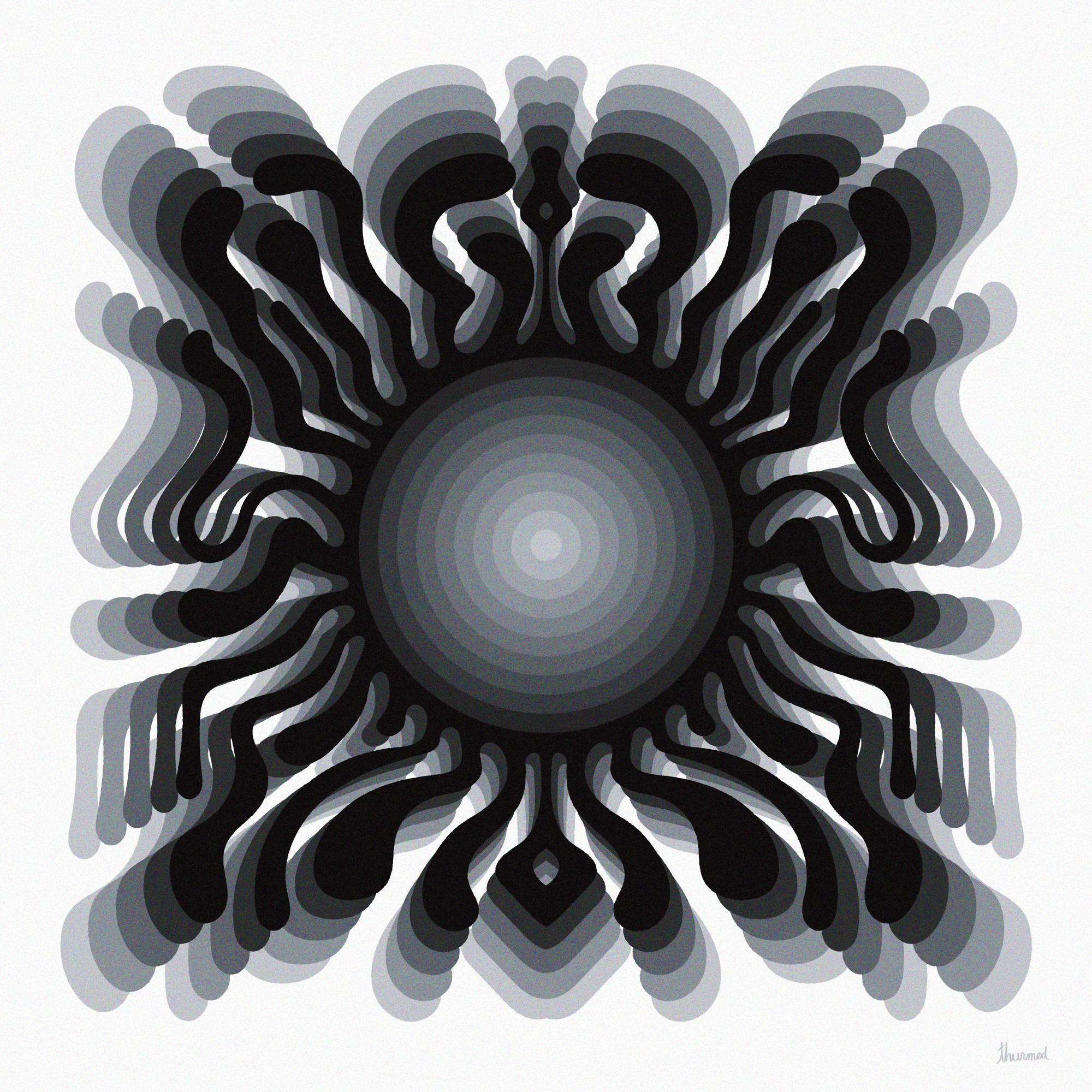 Abstract black and gray radial pattern with flowing, organic shapes around a central circular gradient.