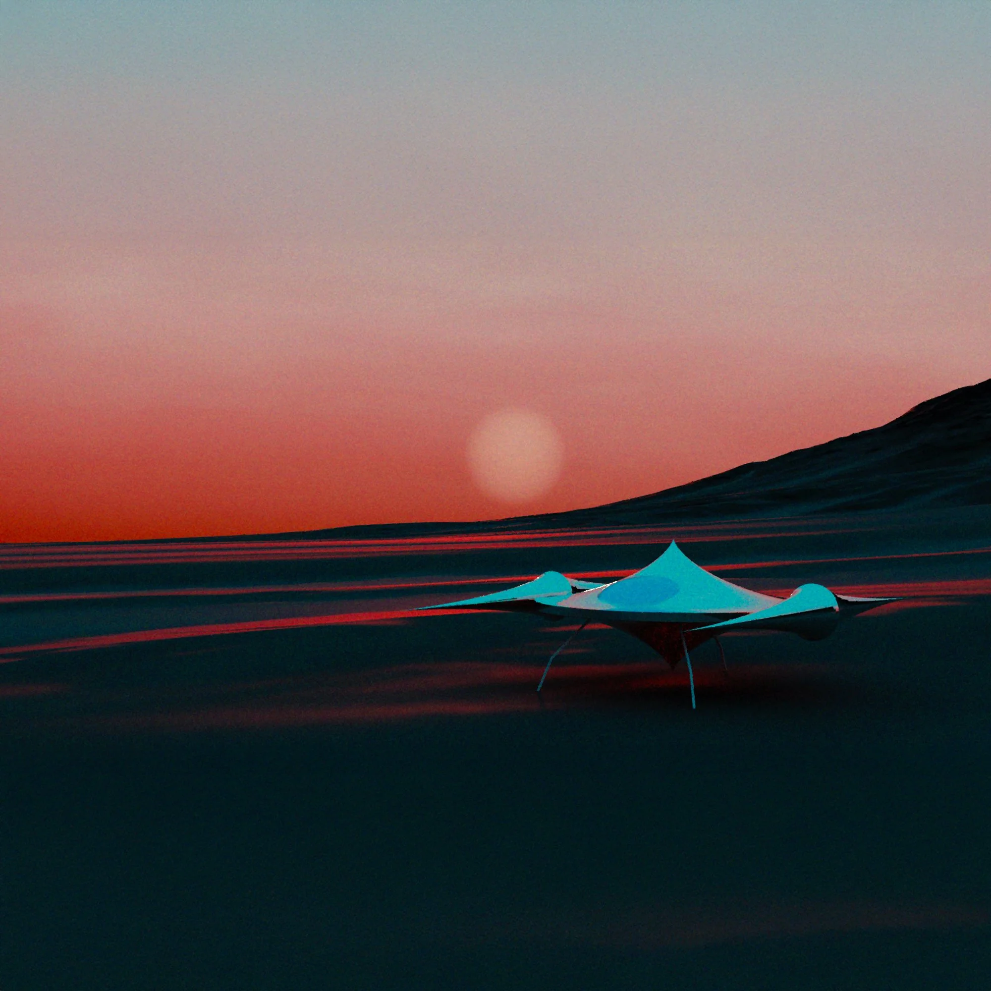 A futuristic, white flying vehicle hovering over the water during sunset with a large hill or mountain in the background.