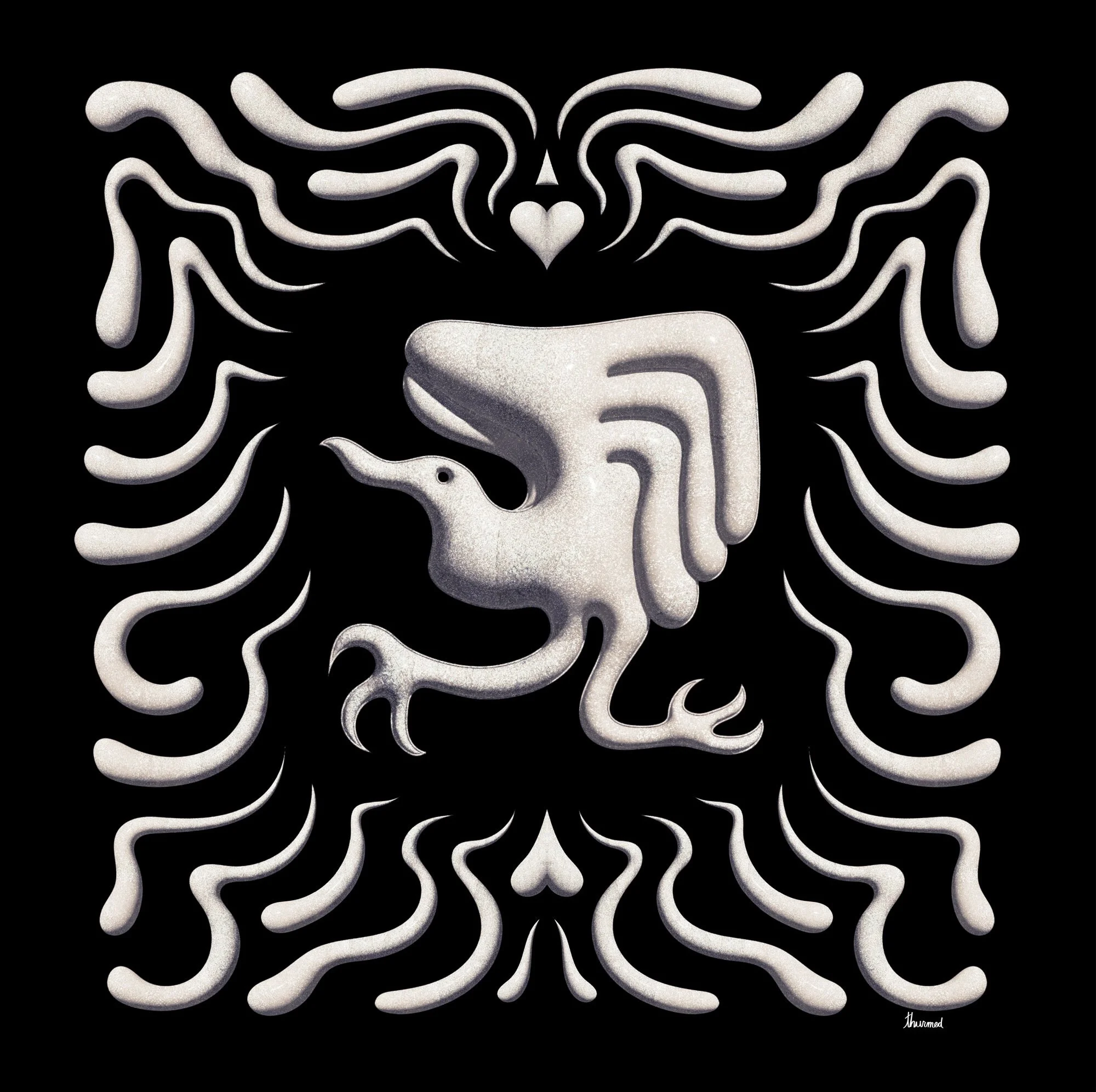 Abstract wall art featuring a stylized elephant head in the center, surrounded by flowing, wave-like patterns and a small heart at the top, all in shades of white and gray on a black background.