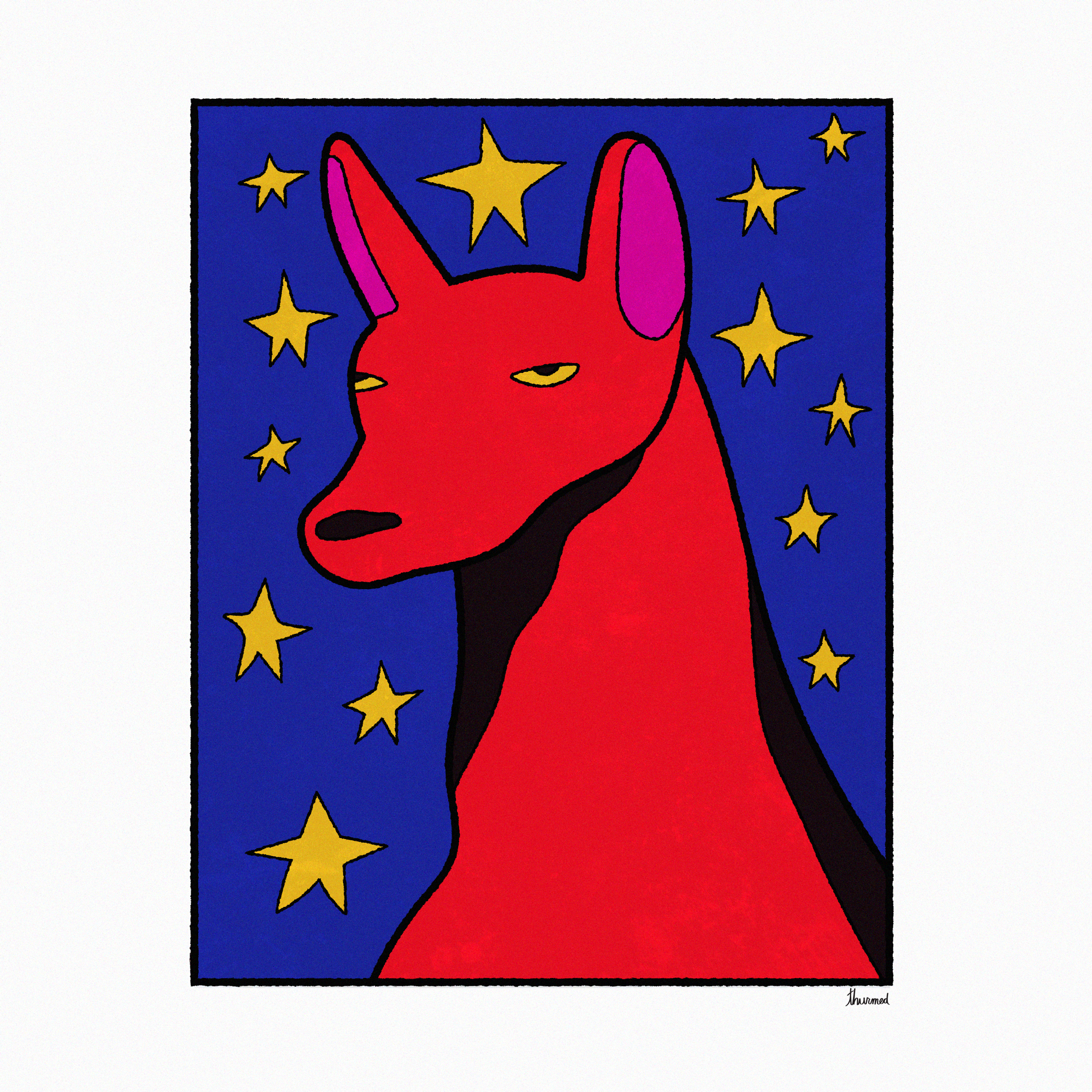 A stylized red kangaroo with pink ears and yellow eyes set against a blue background with yellow stars.