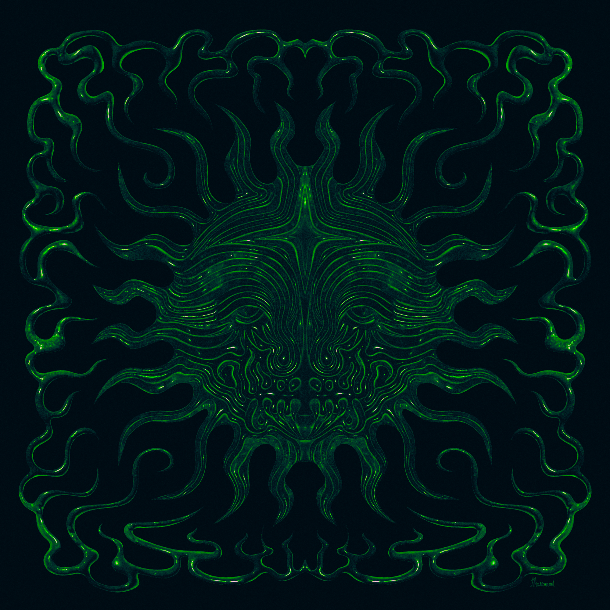 Digital neon green line art of a stylized dragon's face, symmetrical and intricate, set against a dark background.