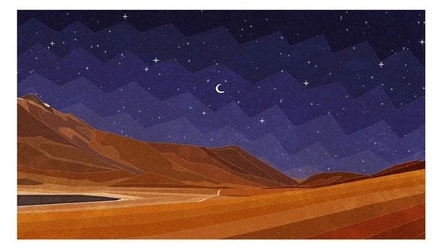 A desert landscape at night with mountains, a starry sky, and a crescent moon.