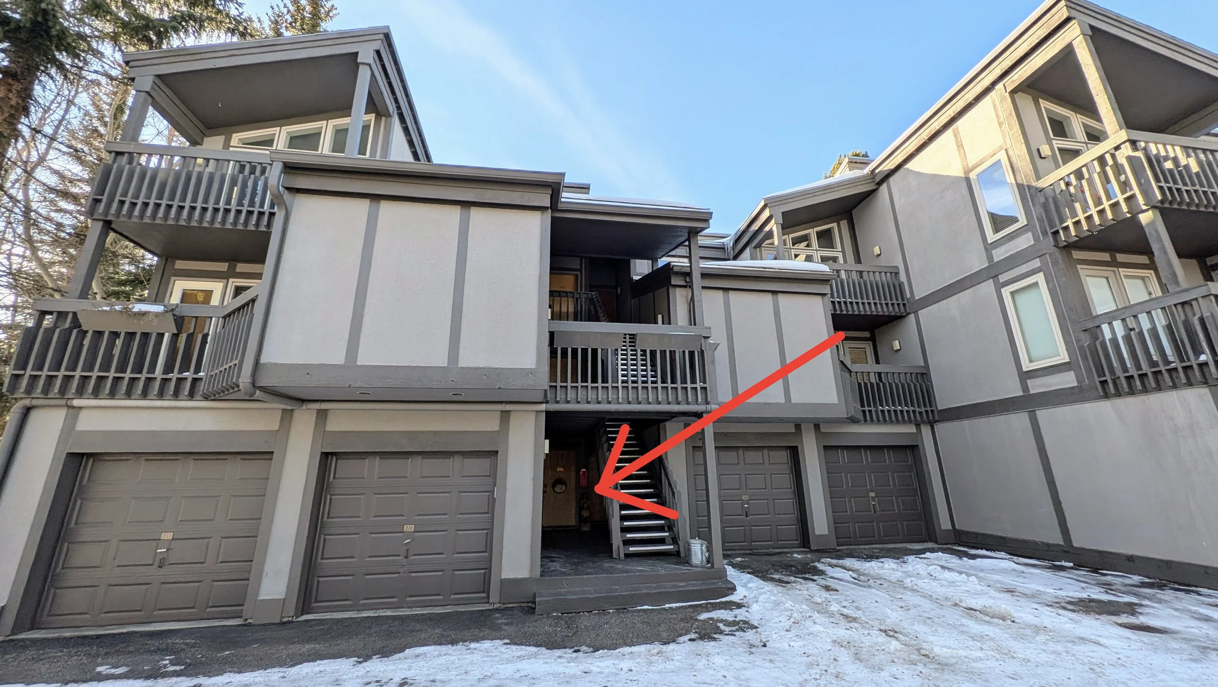 Entrance, kitchen & LR on first floor.  Bedrooms on second floor.  The garage will NOT hold a car. Ample parking in our private lot.