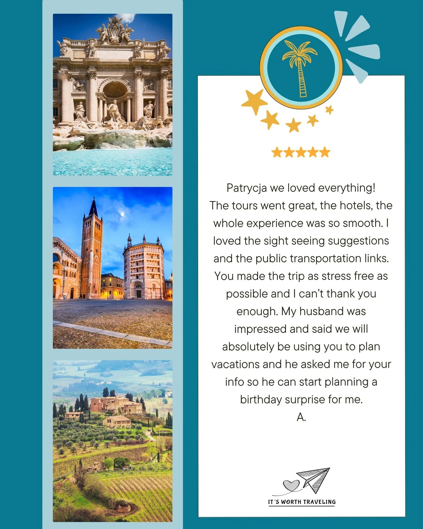 This is why I do what I do!
This client has reached out to me over A YEAR AGO for help with planning a 40th-birthday surprise trip for her husband.
They don't travel much, and this was their first big international trip. She was nervous, to say the l