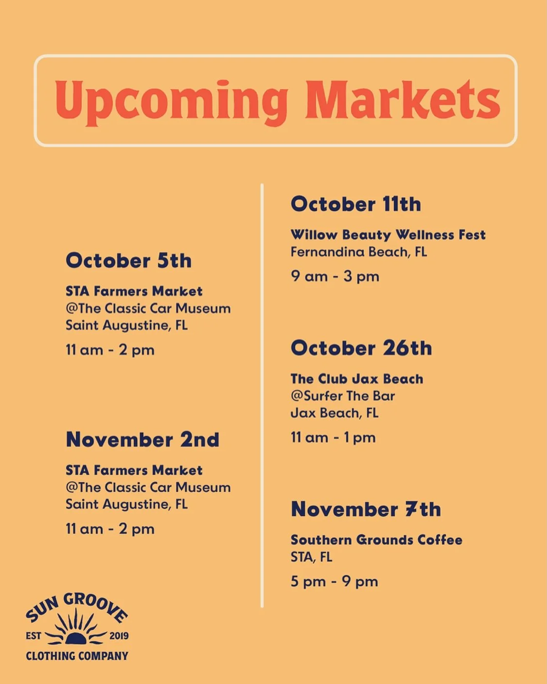 Full swing into market season! Kicking off with a full schedule the next two months! Check us out at any of these events, and I can&rsquo;t wait to see you there! Comment below which one your attending🤙🏽
#smallbusiness #shopsmall #sungroove