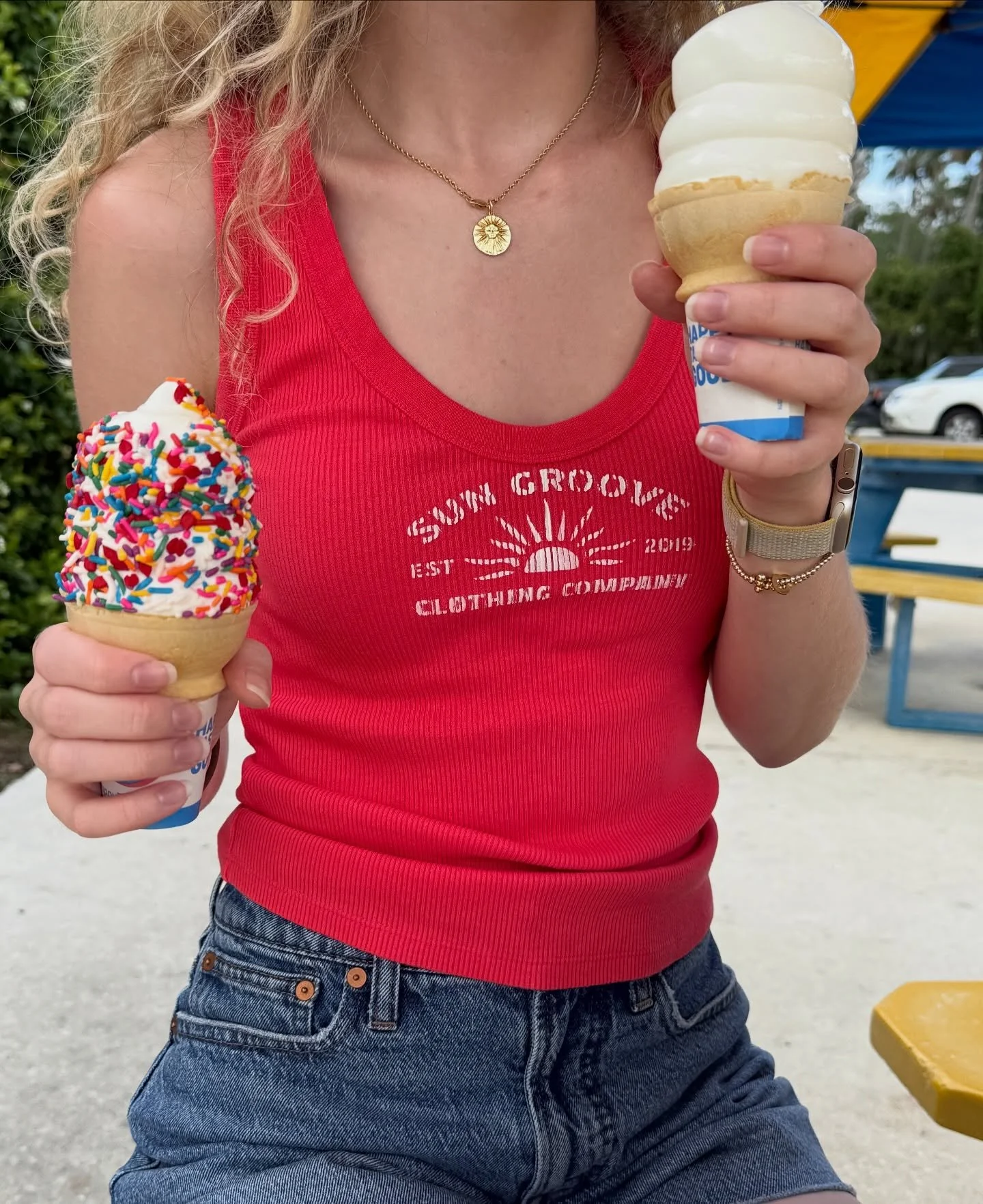 Cool off on these hot Florida fall days with a sweet treat 🍦
Custom printed tank top printed for @brooke_renfro 
#smallbusiness #clothingbrand #sungroove