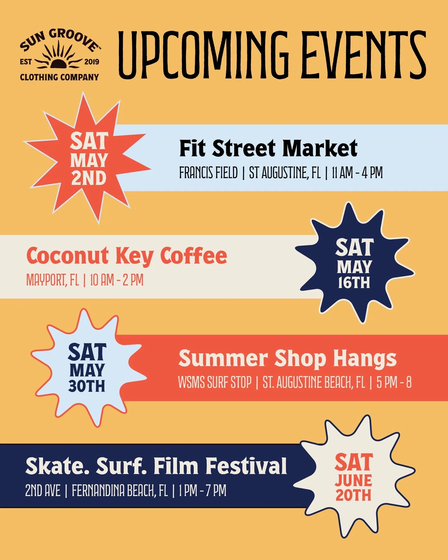 Our upcoming events are going to be so fun! Come out and support some local small businesses. 🐊

#smallbusinesses #shopsmall #popups #sungroove #florida