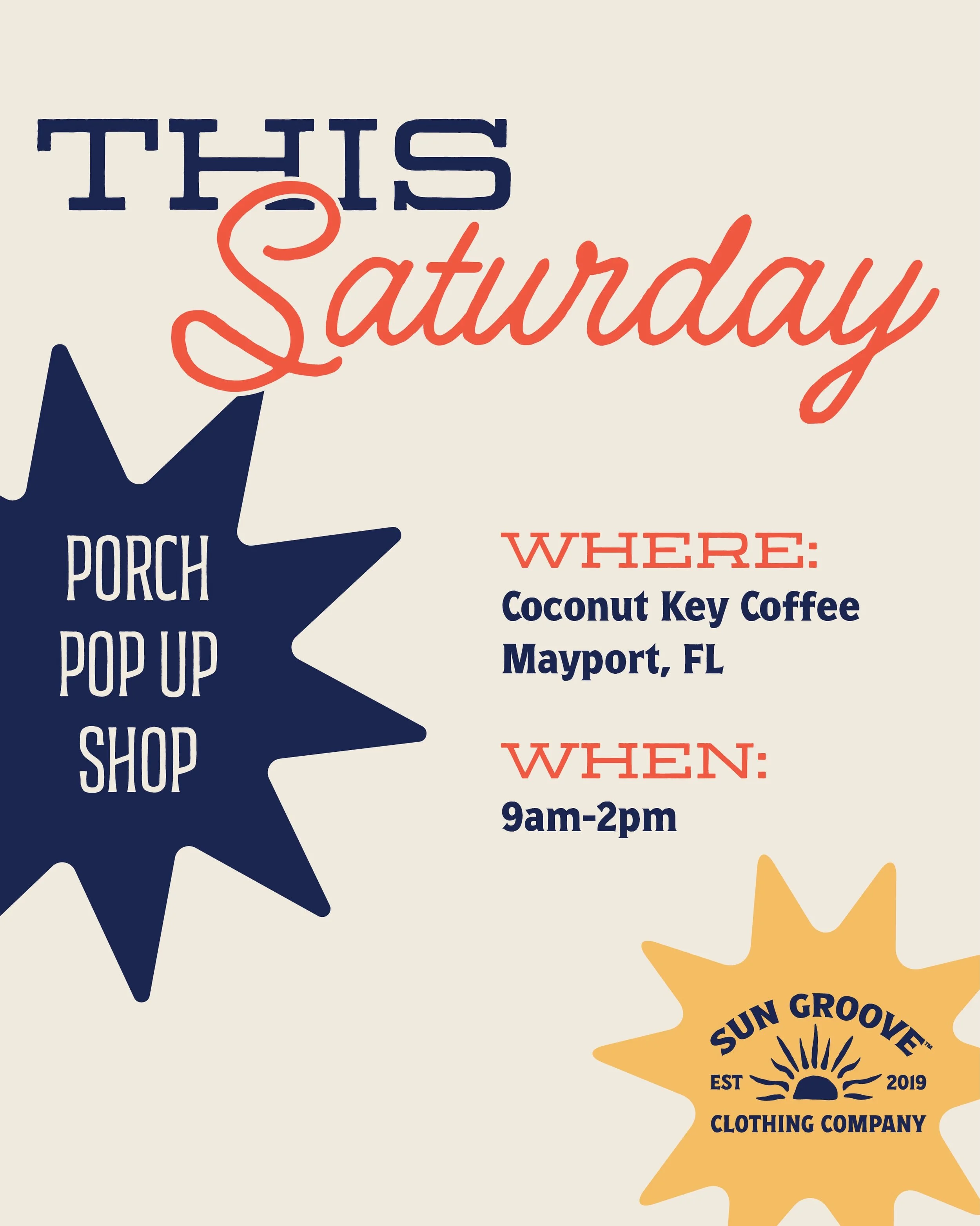 Don&rsquo;t miss us this Saturday! 🥥
Stop by after the mayport waterfront market from 9am - 2pm to grab a coffee and some handprinted clothing!

#904 #popup #florida