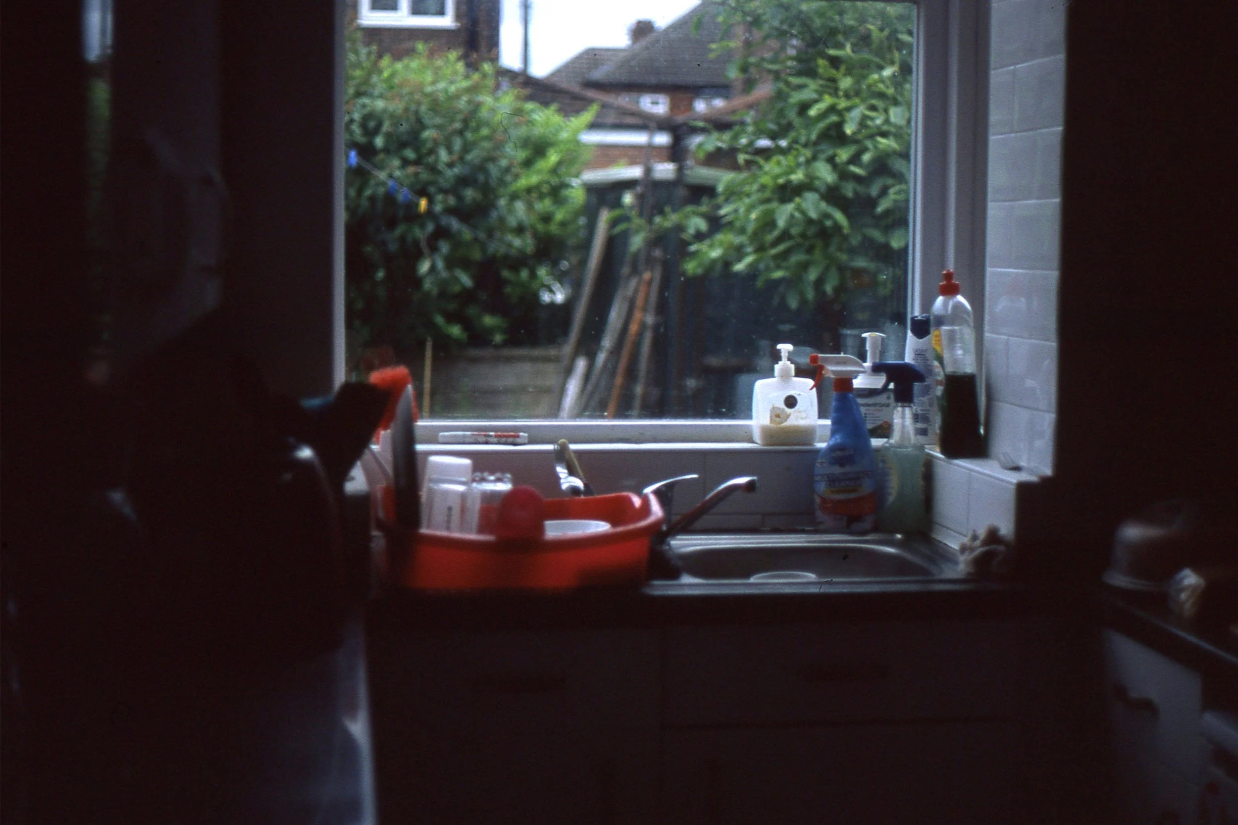 A view from a kitchen sink looking out a window to a backyard with trees, a fence, and neighboring houses.