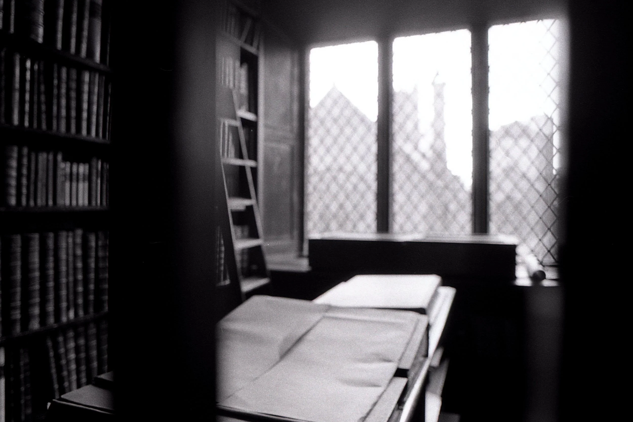 A black-and-white photo of a bookshelf on the left side and a window with diamond-shaped patterns on the right side, with sunlight shining through.