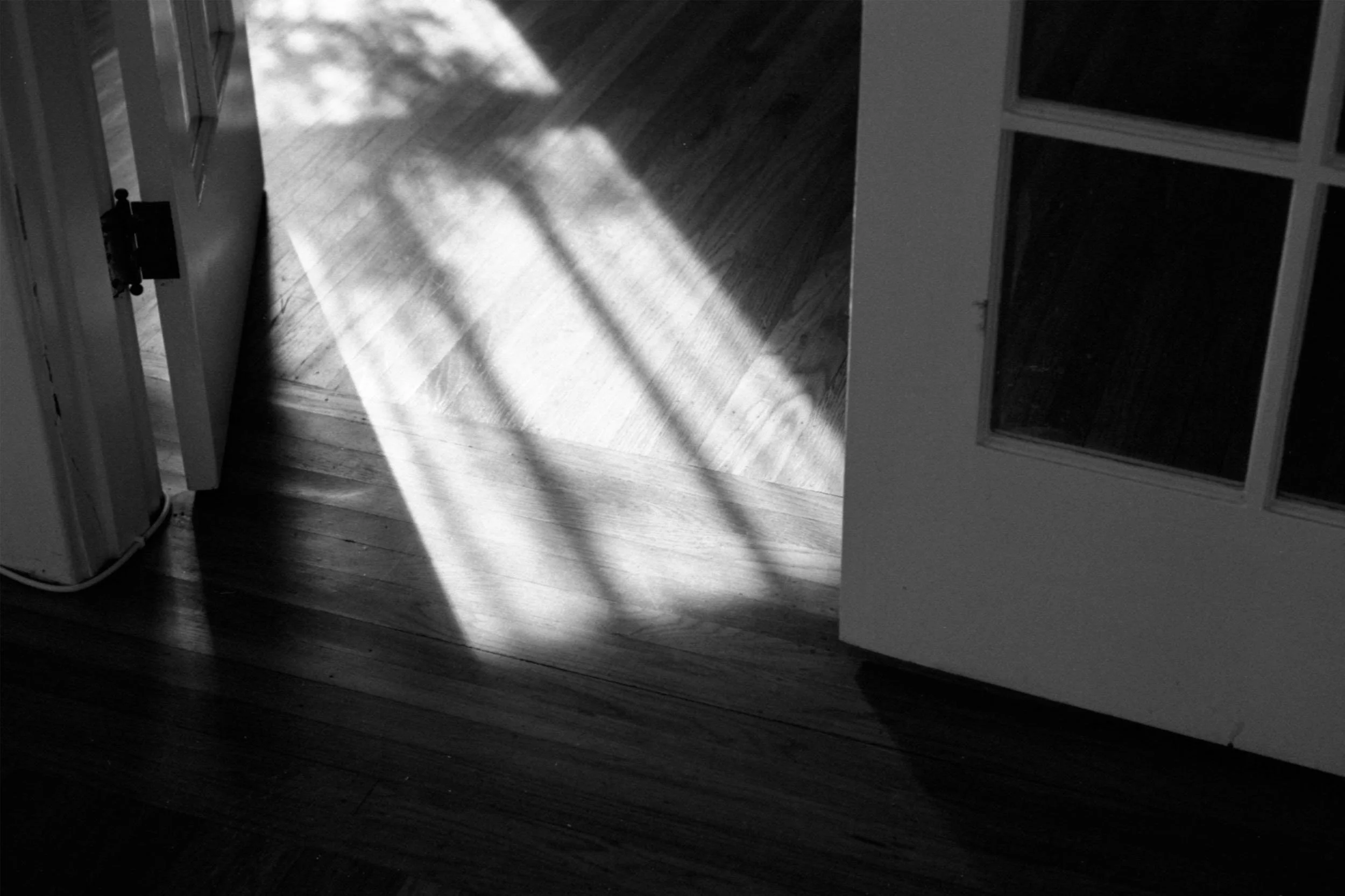 A black and white photo showing a hardwood floor with bright sunlight creating shadows through a window. Part of a door with glass panes is visible on the right side of the image, and a part of an appliance, possibly a refrigerator, is on the left side.