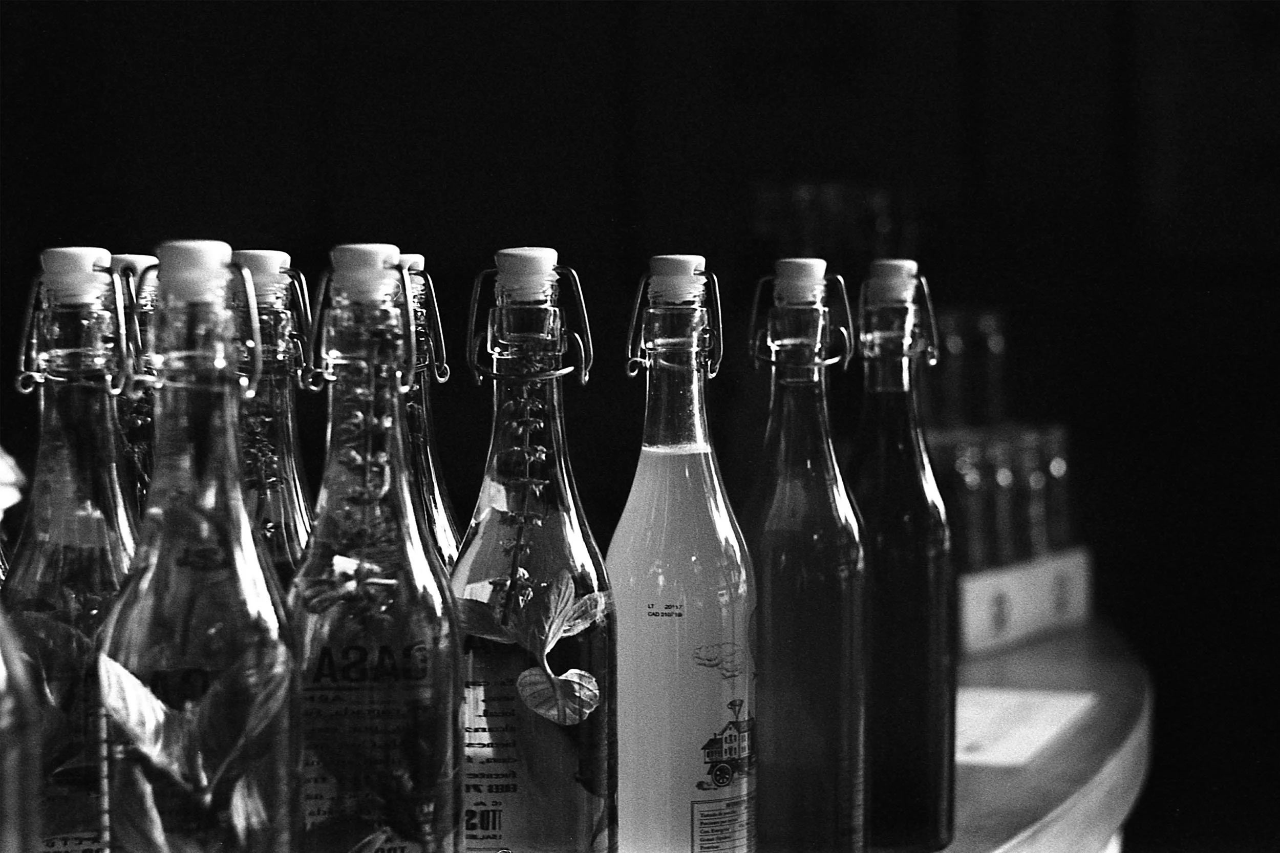 Black and white image of bottles