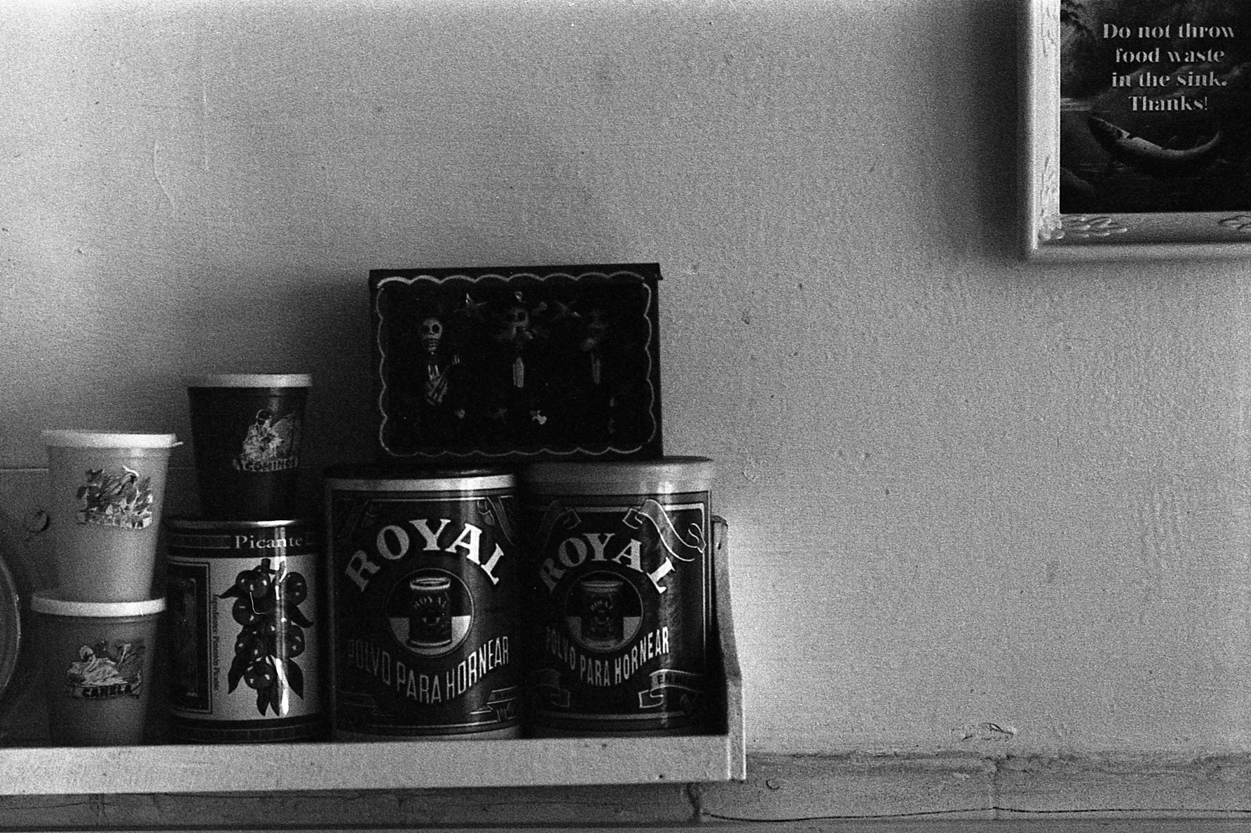 Black and white photo of canned food on a kitchen shelf