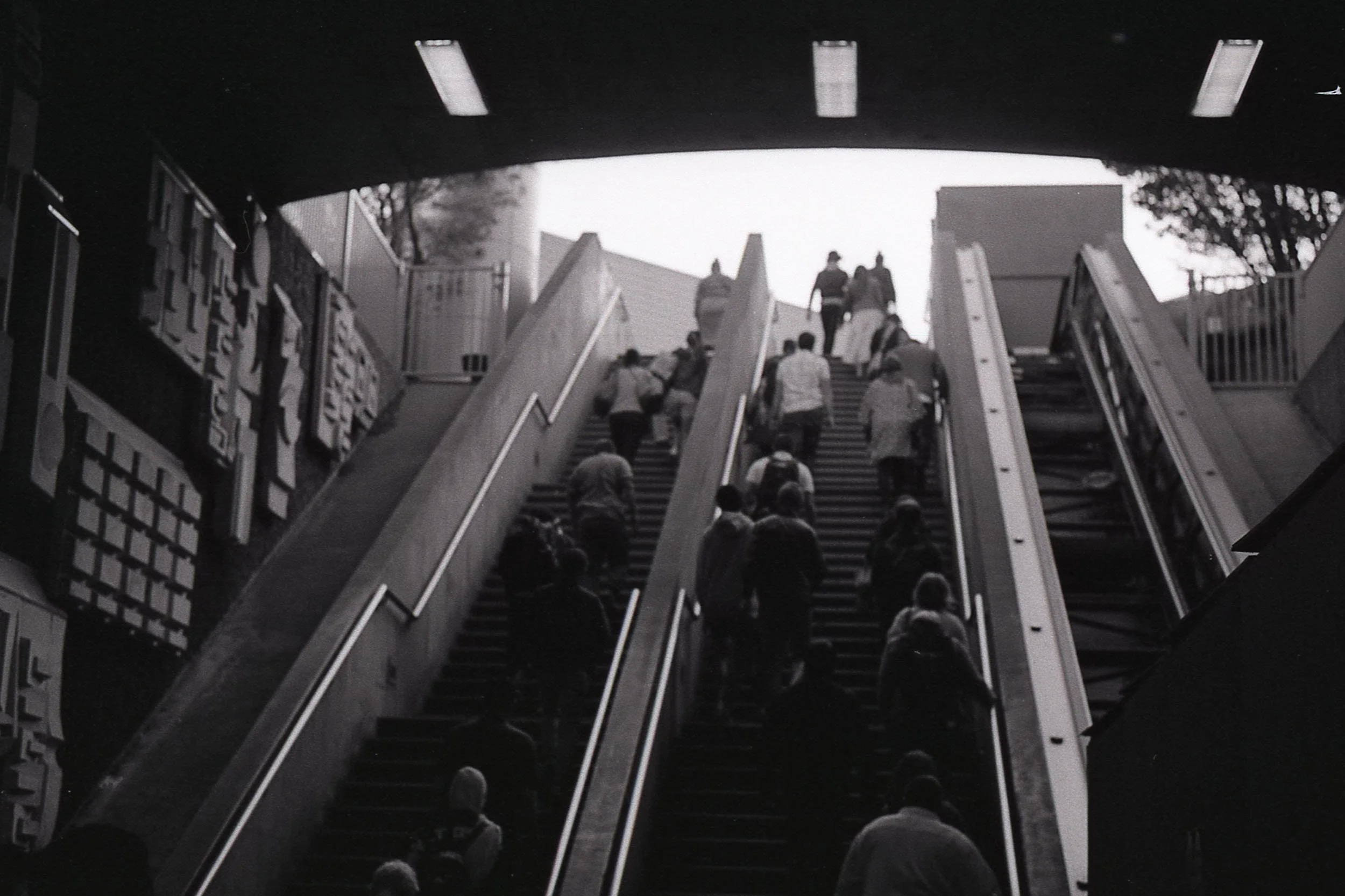 Black and white image of people on escalator emerging from the BART station