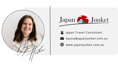 Business card for Japan Junket travel consultancy featuring a woman's photo, contact information, and a red circle logo with a mountain silhouette.