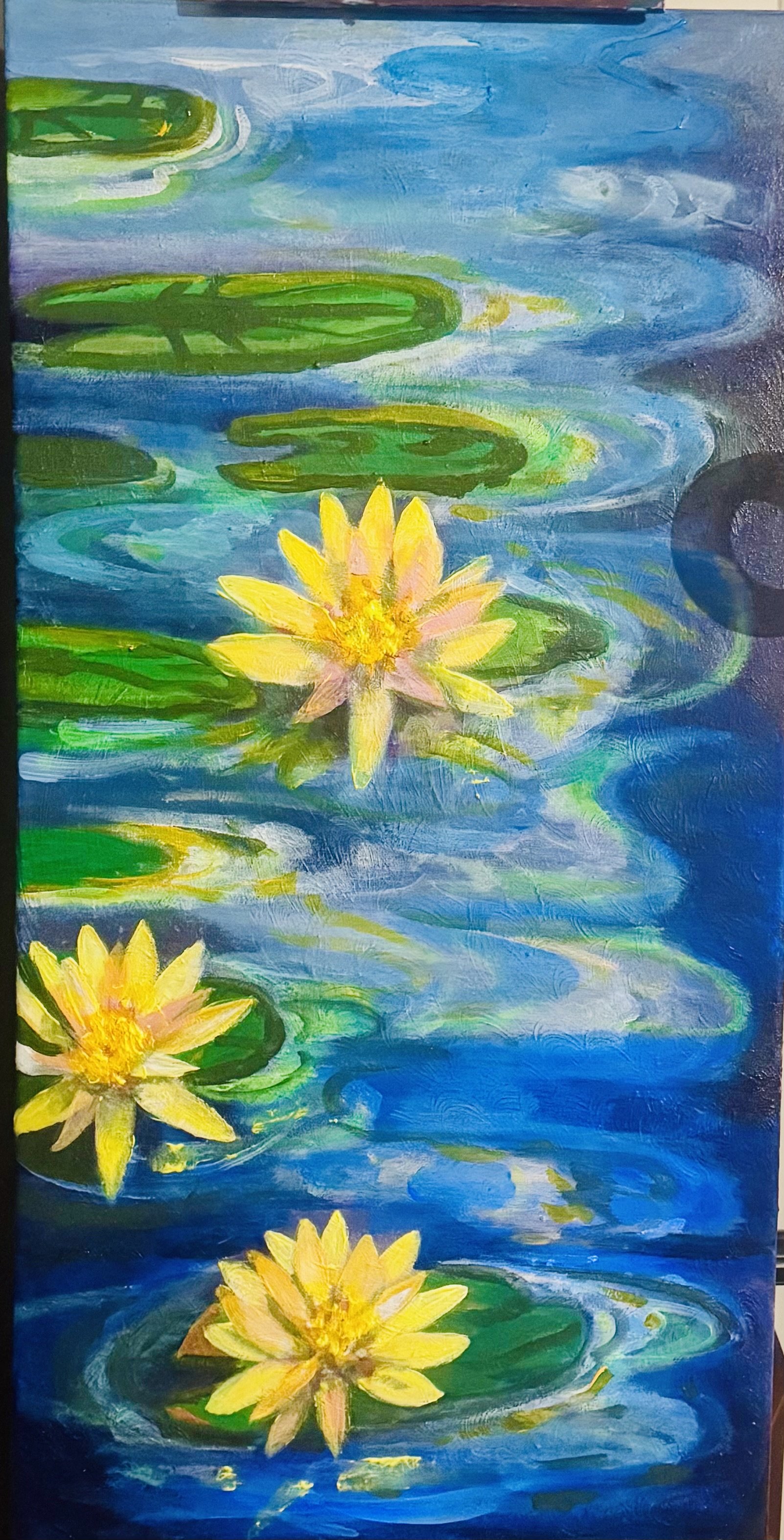 Painting of yellow water lilies floating on a blue pond with green lily pads.