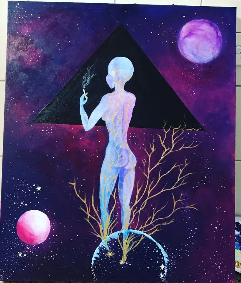 A surreal painting of a slender, human-like figure with a moon for a head, holding a lit cigarette, standing on a spherical surface with golden branches sprouting from the figure's body. The background depicts a cosmic scene with three planets, stars