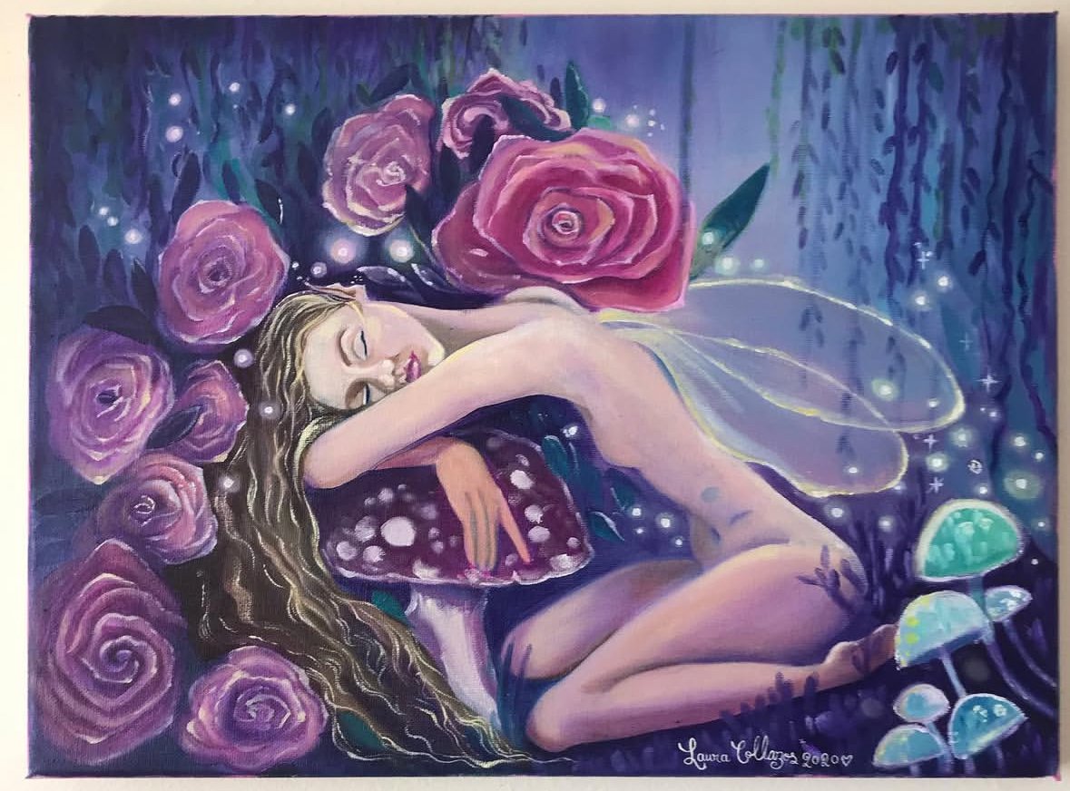 A painting of a young woman sleeping on a pillow surrounded by large pink roses, glowing mushrooms, and fairy-like sparkles in a mystical, fantasy setting.
