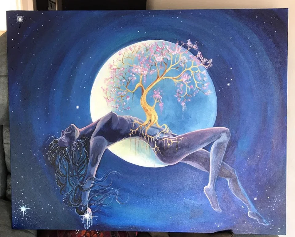 A surreal painting of a woman sleeping in space with a glowing full moon in the background. A small, colorful blossoming tree grows from her chest, with roots extending down her body.