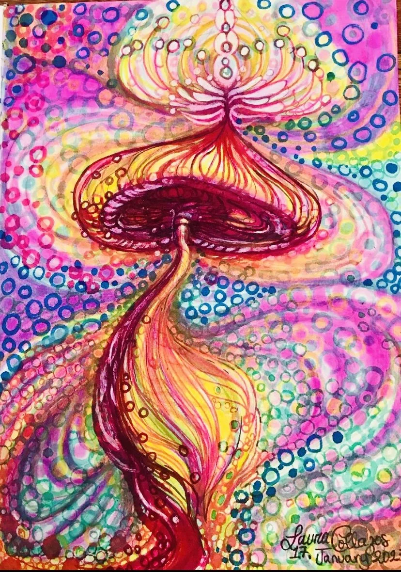 Colorful abstract drawing of a mushroom with a swirling, flowing stem, surrounded by vibrant circles and swirls in pink, purple, yellow, green, and blue.