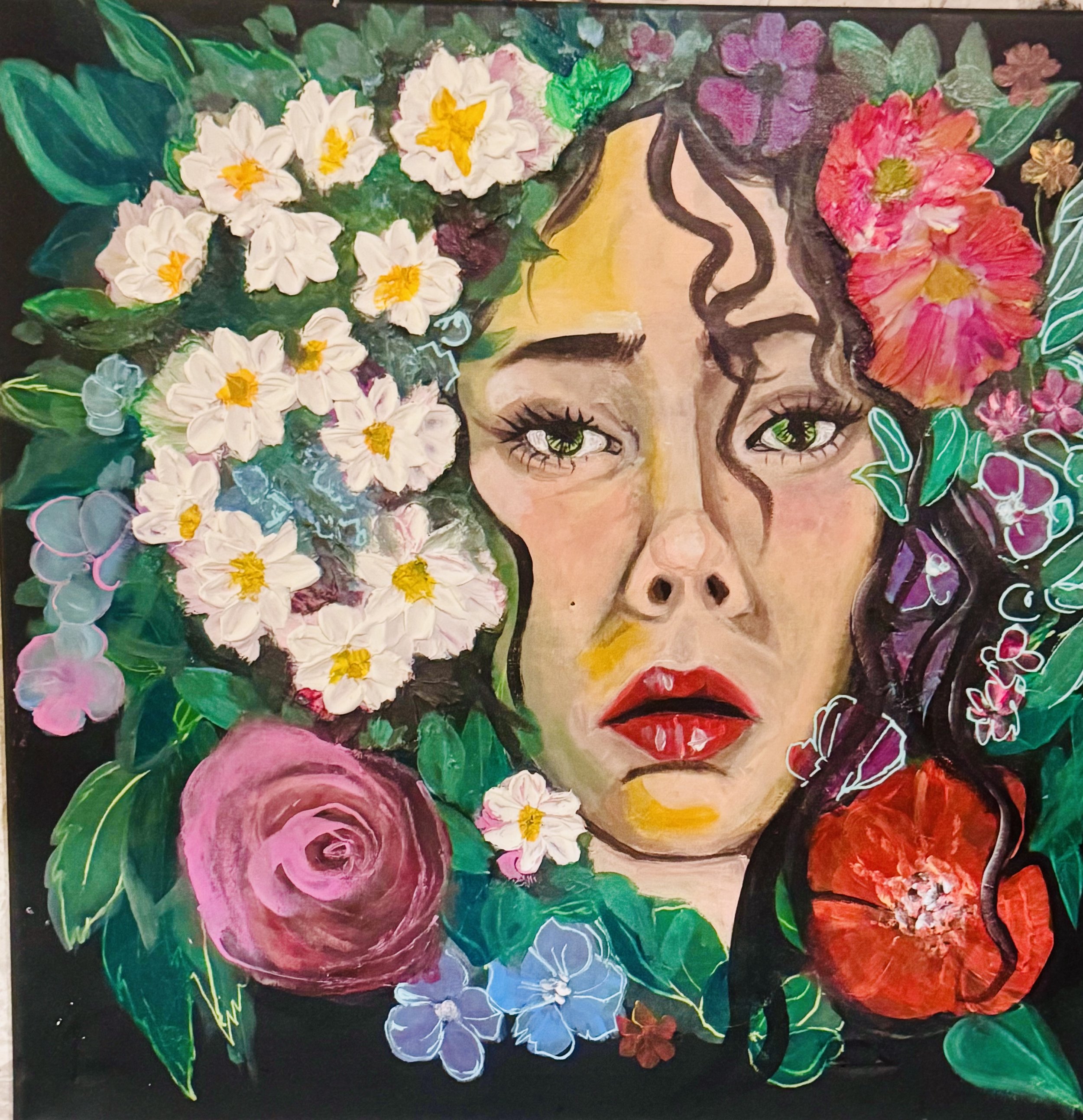 A colorful portrait of a woman with curly hair, surrounded by vibrant flowers including roses and primroses.