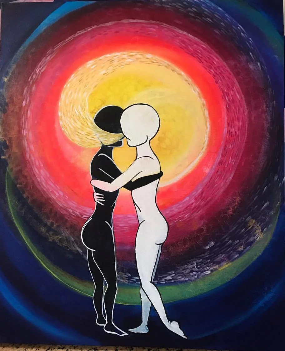 A painting of two faceless humanoid figures, one black and one white, embracing with foreheads touching, set against a vibrant, swirling, colorful background resembling a sunset or cosmic scene.