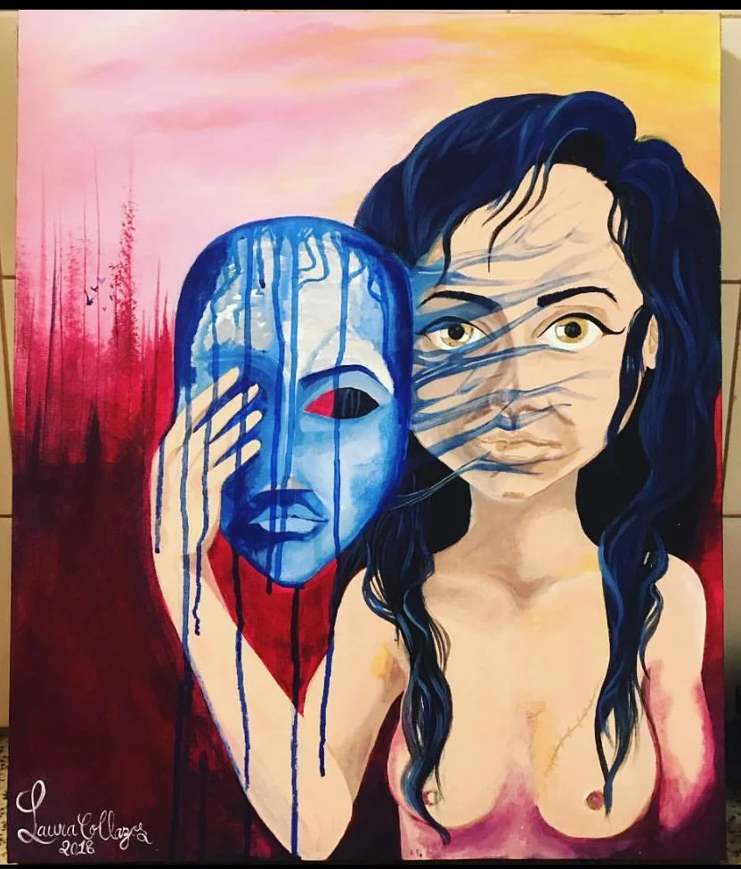 A young woman with long black hair stands holding a blue mask with dripping paint, which covers one of her eyes. The background features a gradient sunset sky, transitioning from pink to yellow. The woman has light skin and is topless, with her chest