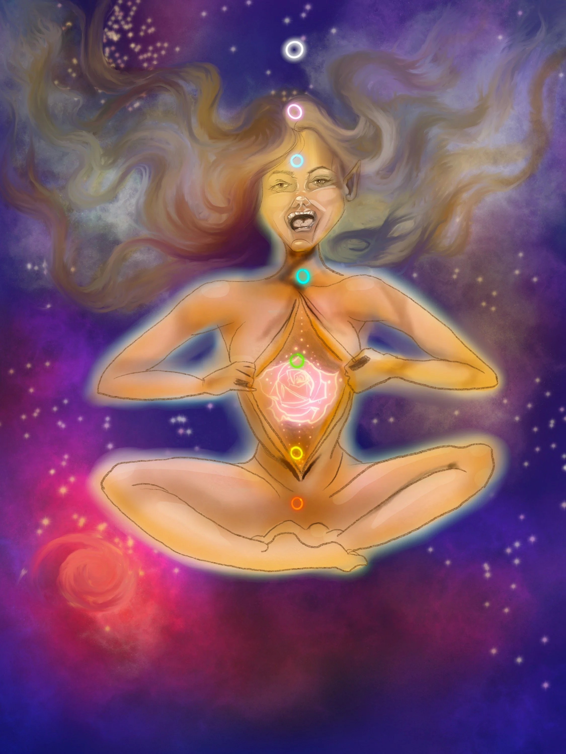 A surreal digital artwork of a woman with long flowing hair, sitting cross-legged in a space-like background. She has an open-mouthed expression, and her body features glowing, colorful chakras aligned along her midline. Her inner chest glows with a 