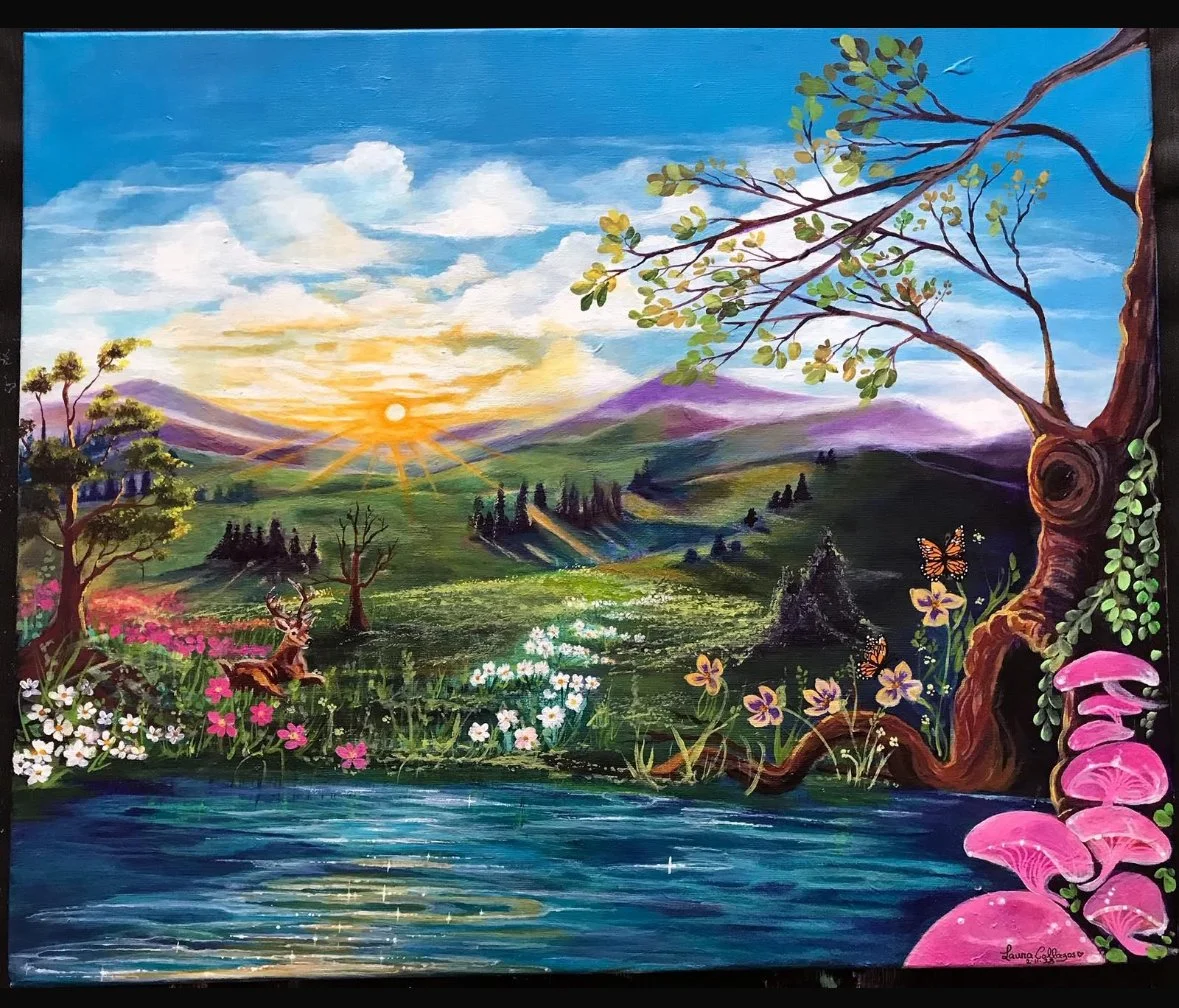 A vibrant landscape painting of a sunrise over rolling hills with mountains in the background, a river in the foreground, flowering plants, trees including a large one on the right, a deer, and a butterfly.