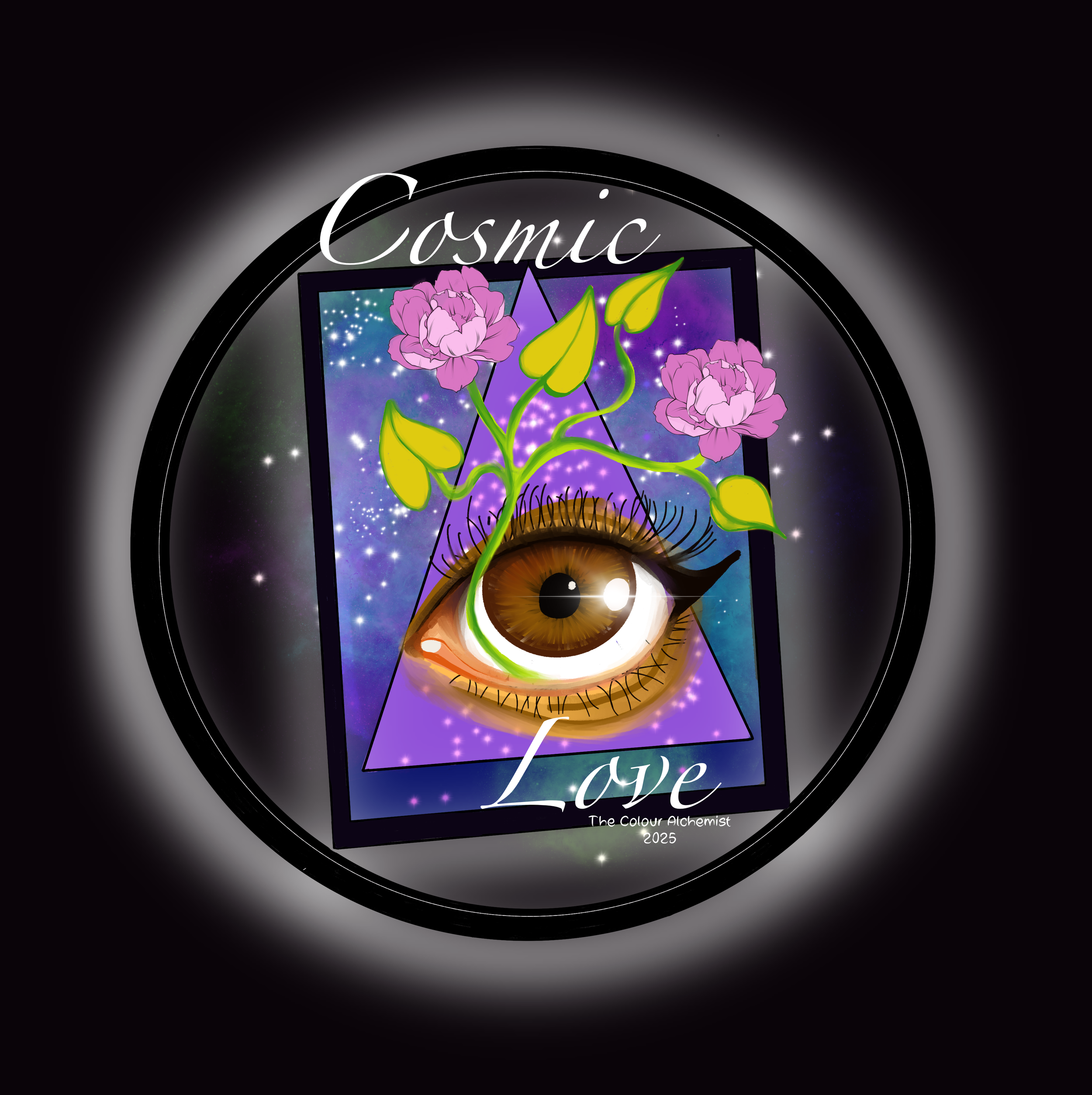 Digital artwork featuring a large human eye adorned with purple flowers and green leaves, with a cosmic background of stars and nebulae. The eye is within a purple pyramid, and the image includes the words 'Cosmic Love' and the artist's signature, 'T