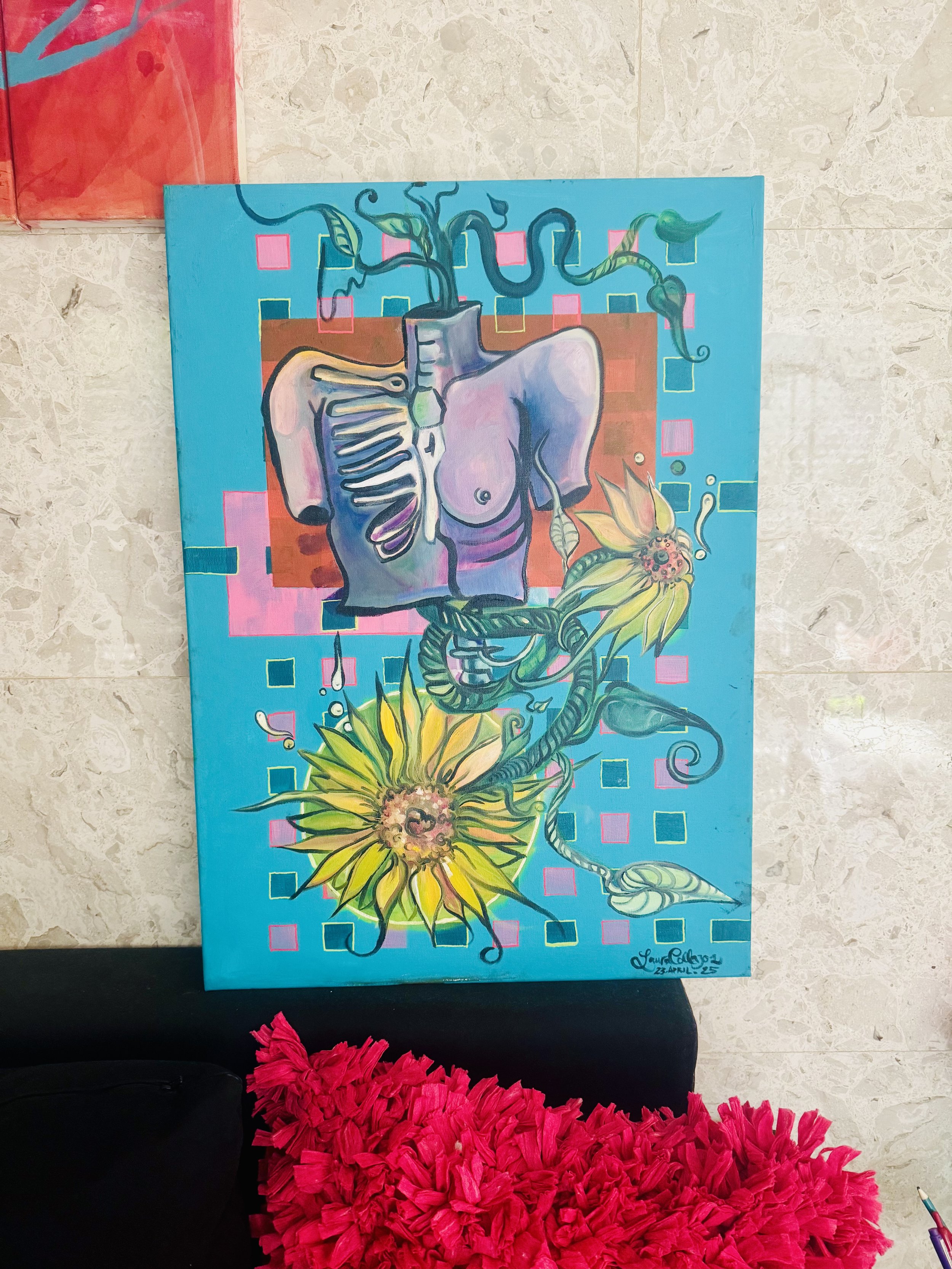 A colorful abstract painting featuring a skeletal torso with plant elements, sunflowers, and geometric background shapes, signed by the artist in the bottom right corner.