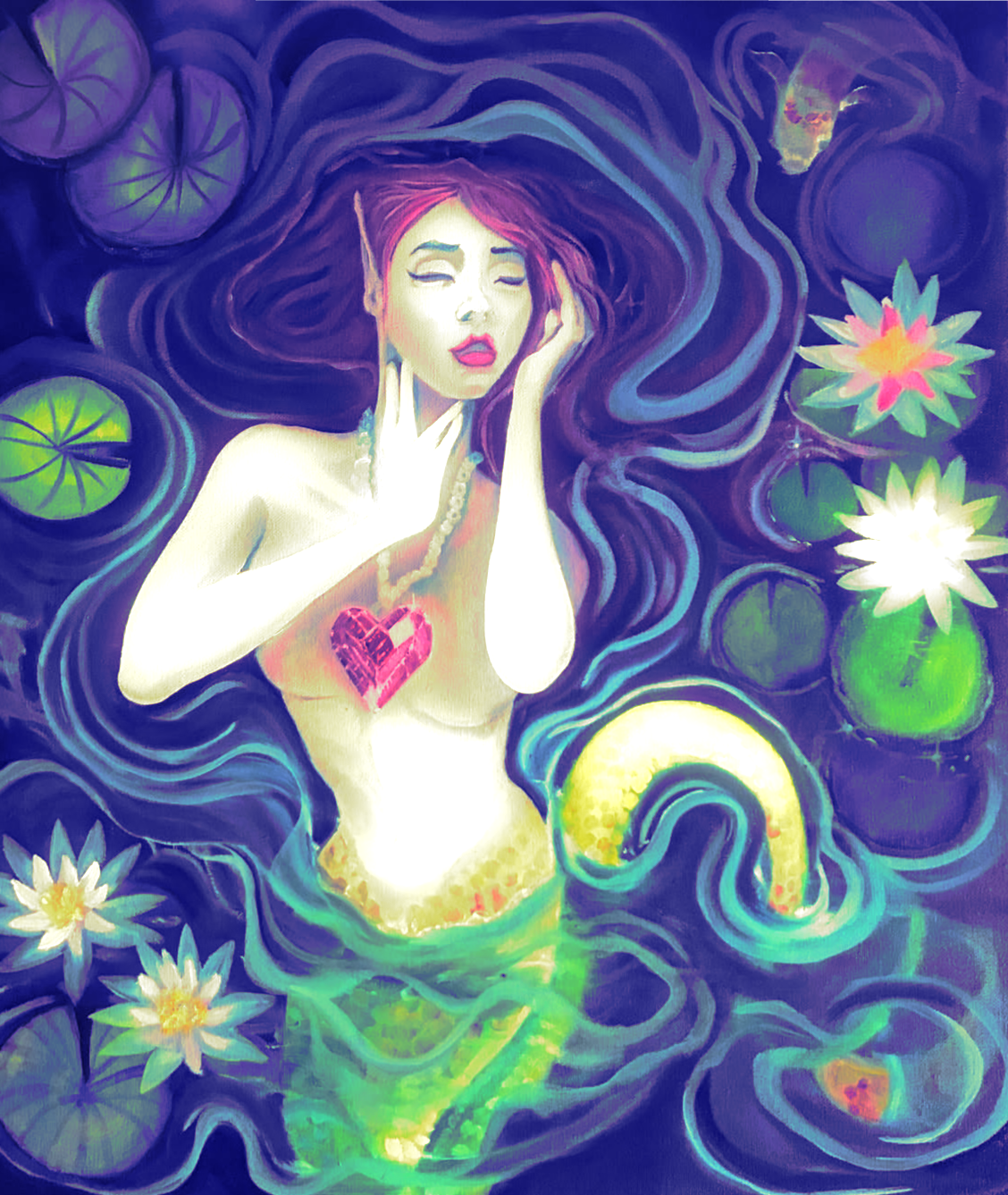 A fantasy illustration of a mermaid with pink hair and pointed elf ears, surrounded by water lilies and lotus flowers, and a glowing yellow tail. The mermaid has her eyes closed, one hand on her face, and a glowing heart on her chest.