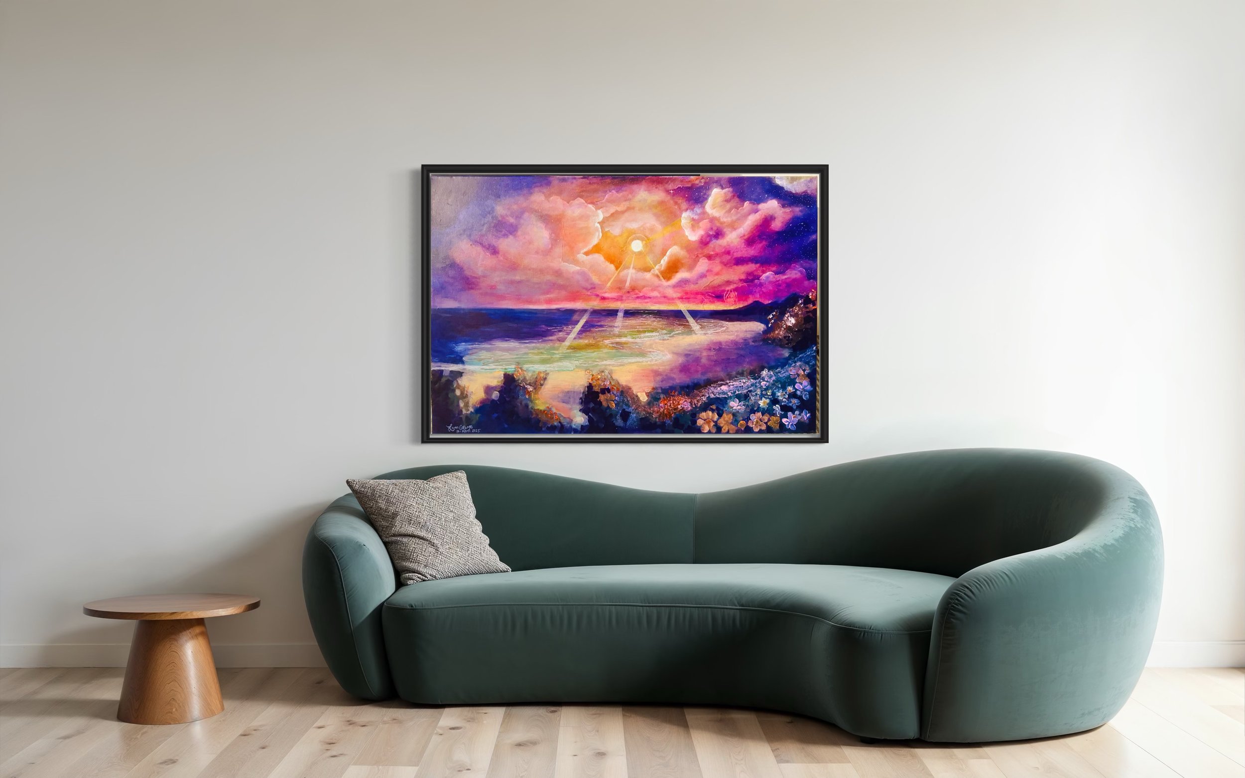 Modern living room with a green sofa, a small wooden side table, and an abstract painting with colorful clouds, ocean, and a sunset
