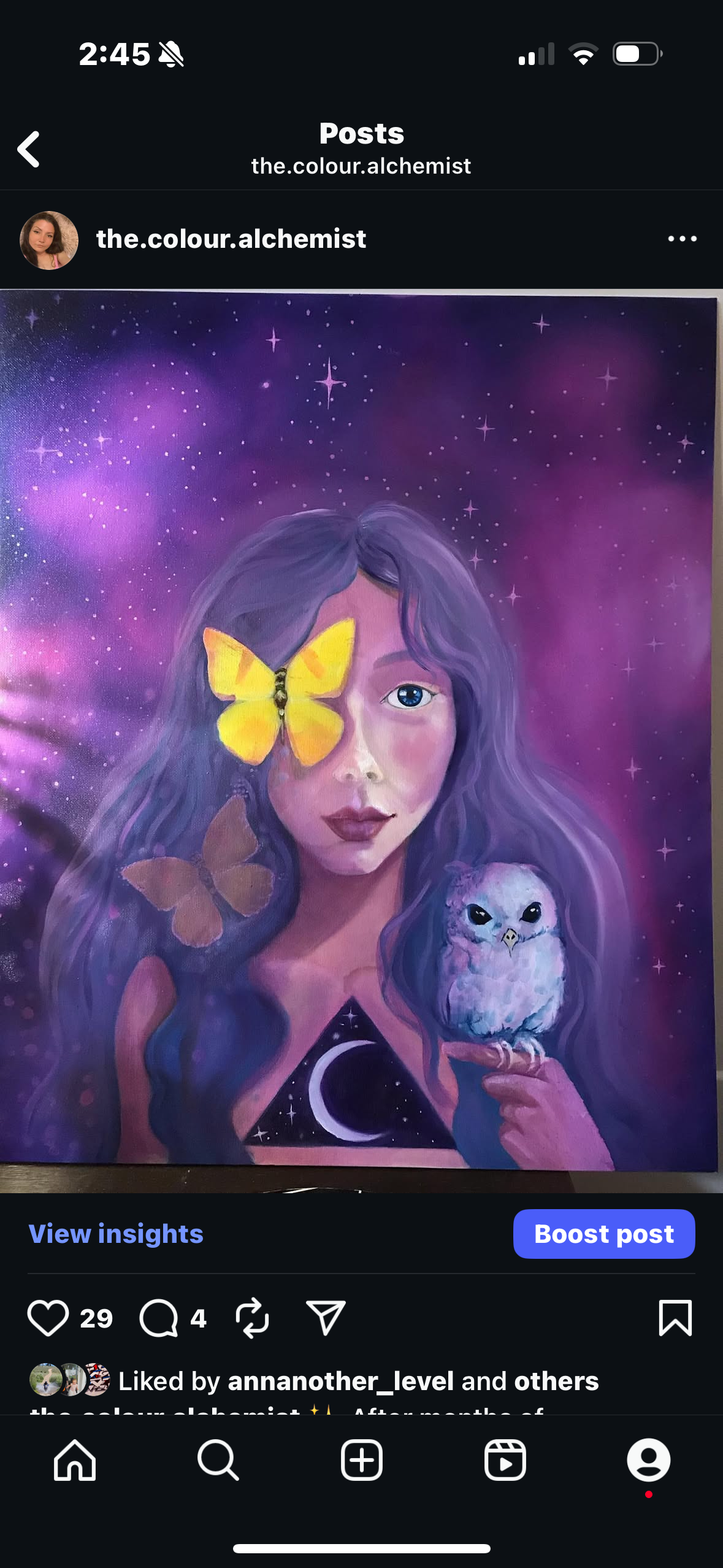 A digital painting of a woman with long purple hair and blue eyes, surrounded by a starry purple and pink galaxy background. She has a yellow butterfly on her face, an owl on her hand, and her dress features a crescent moon and star pattern.