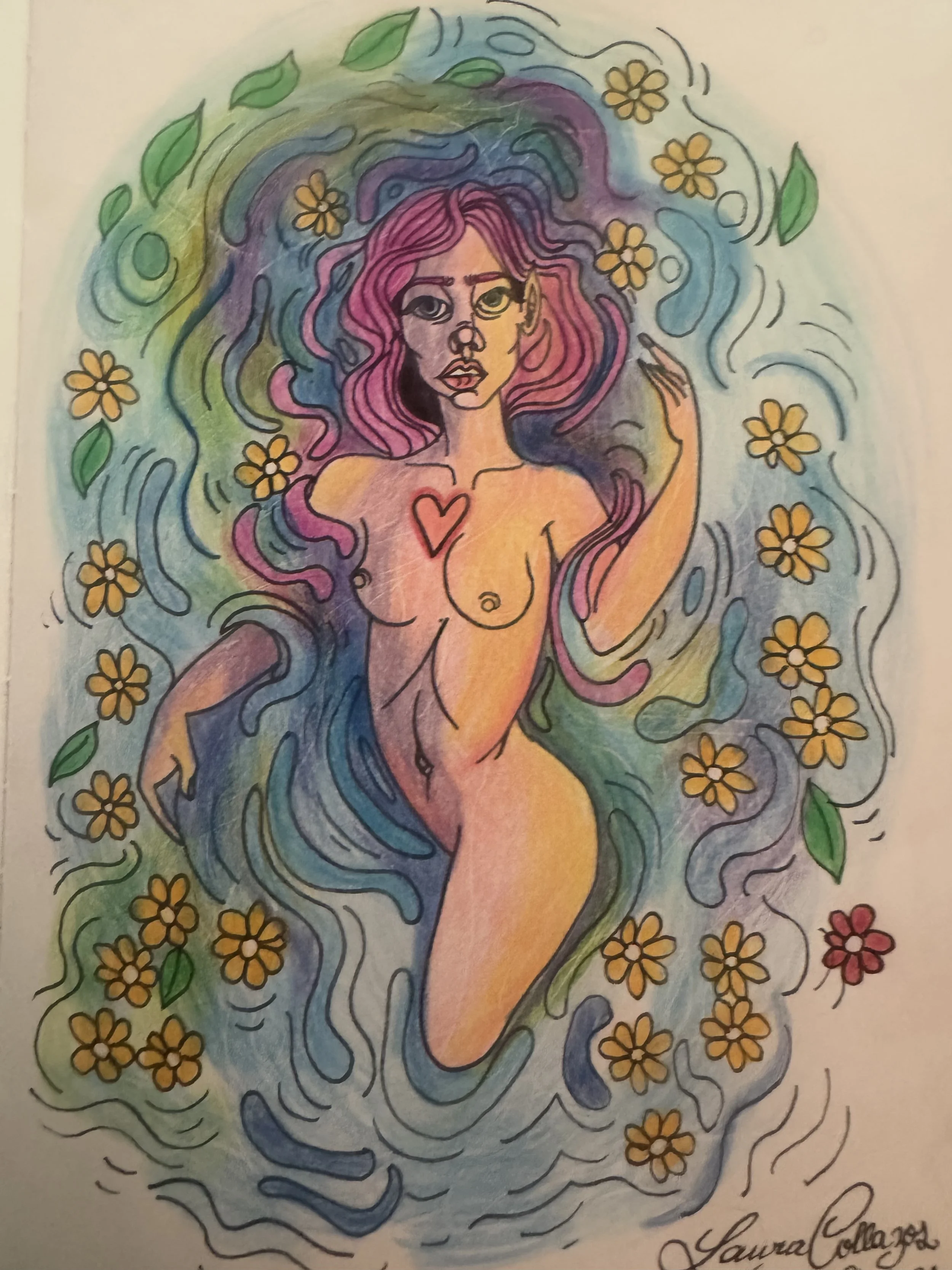 A colorful drawing of a nude woman with pink and purple hair, surrounded by swirling water, yellow flowers, and green leaves. She has a red heart on her chest and one hand raised near her face, with a serious expression.