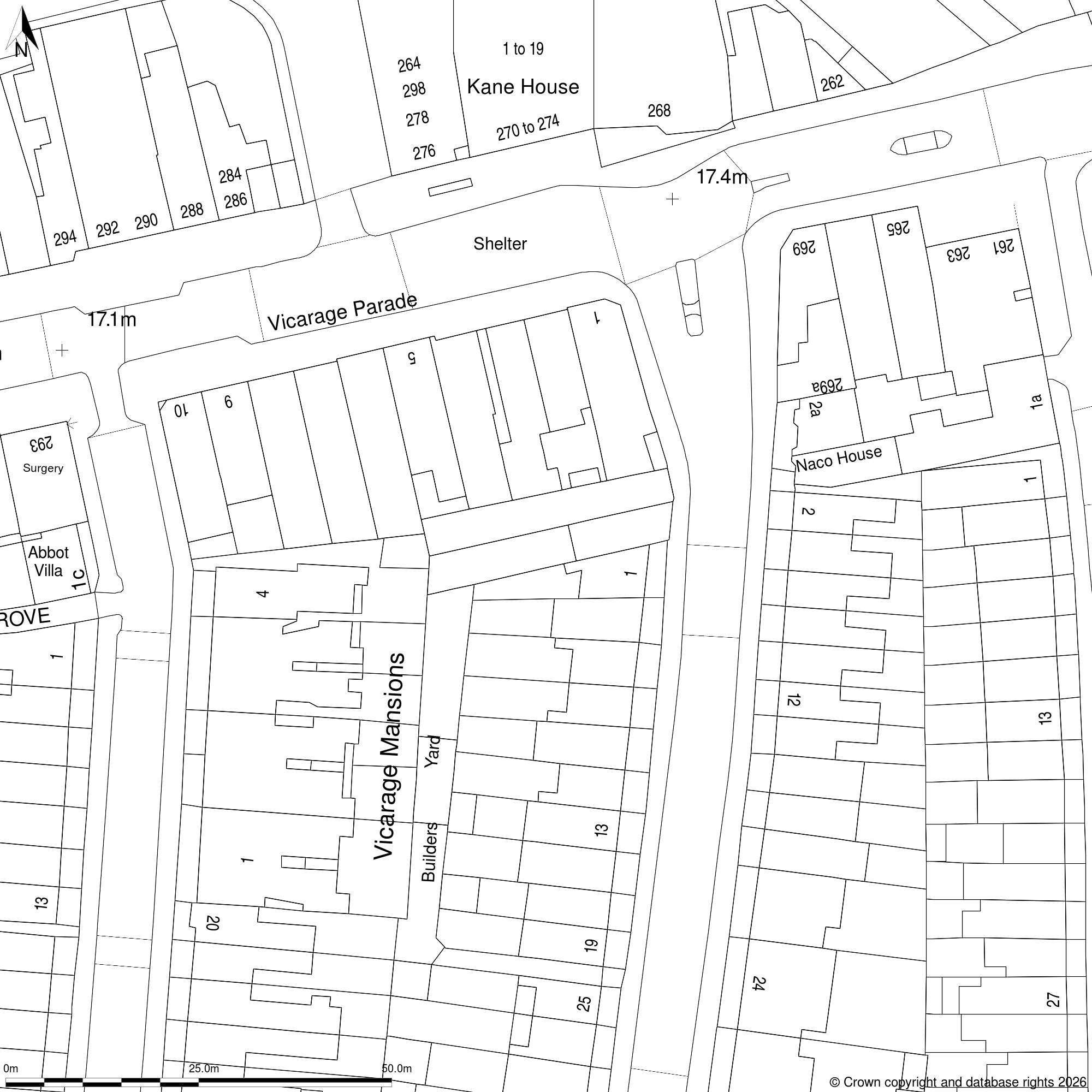 A detailed black and white map showing property lines, house numbers, and labels for buildings such as 'Kane House,' 'Shelter,' and 'Naco House.' The map includes a street named 'Vicarage Parade' and indicates distances like 17.4 meters and 17.1 meters.